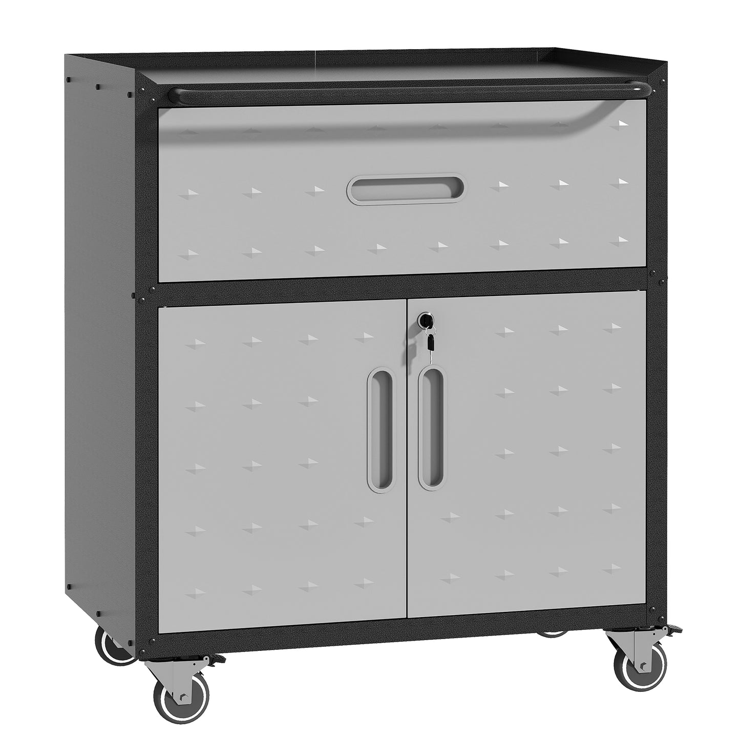 Metal Tool Cabinet with Wheels - Heavy-Duty Storage Unit with Drawer & Locking Doors - Black & Gray