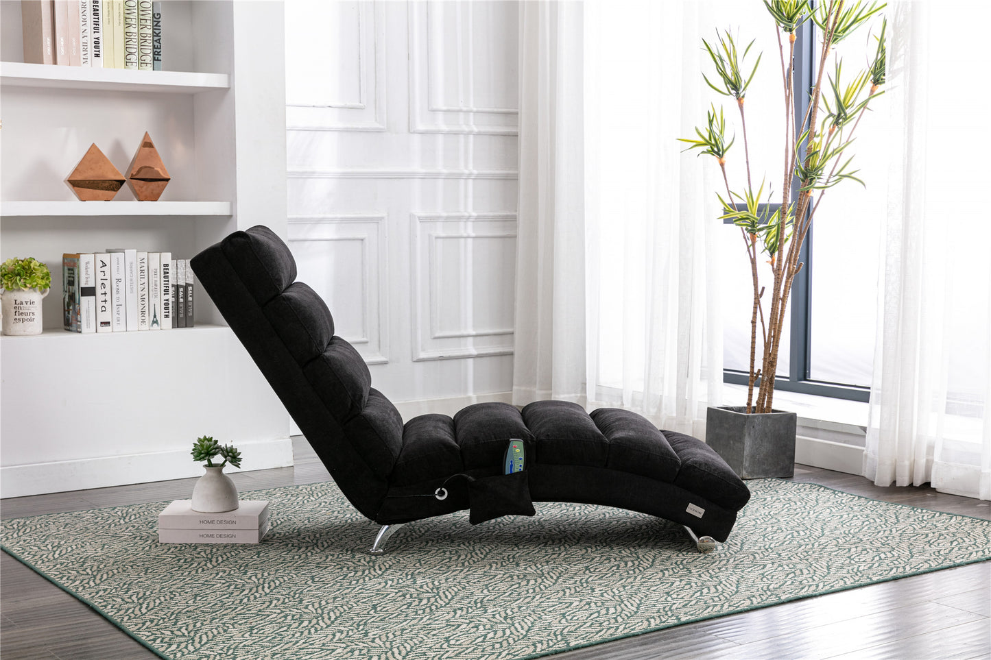 Luxury Upholstered Chaise Lounge Chair with Vibration - Black