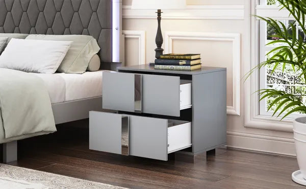 Elegant Gray Nightstand with 2 Drawers and Metal Feet