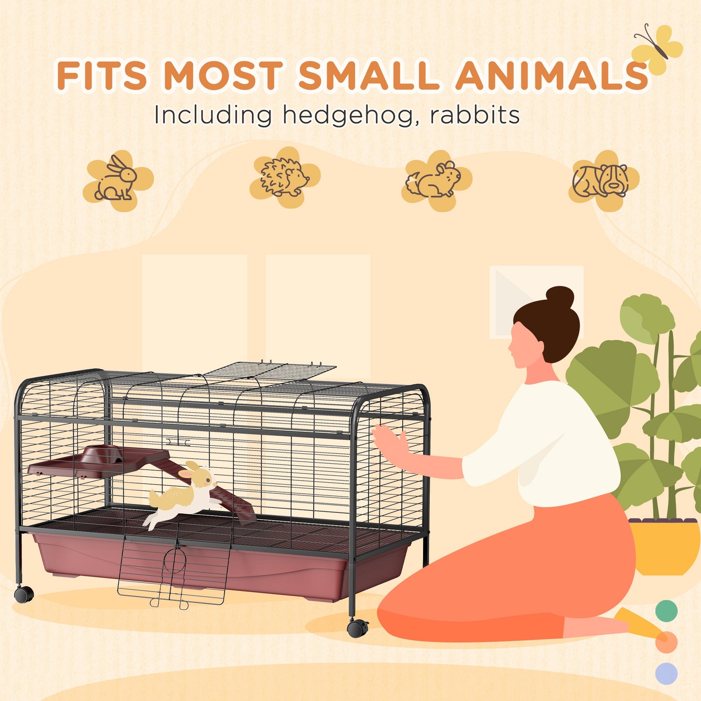 48-Inch Small Animal Cage with Wheels, Platform, Ramp & Feeder for Rabbits & Ferrets