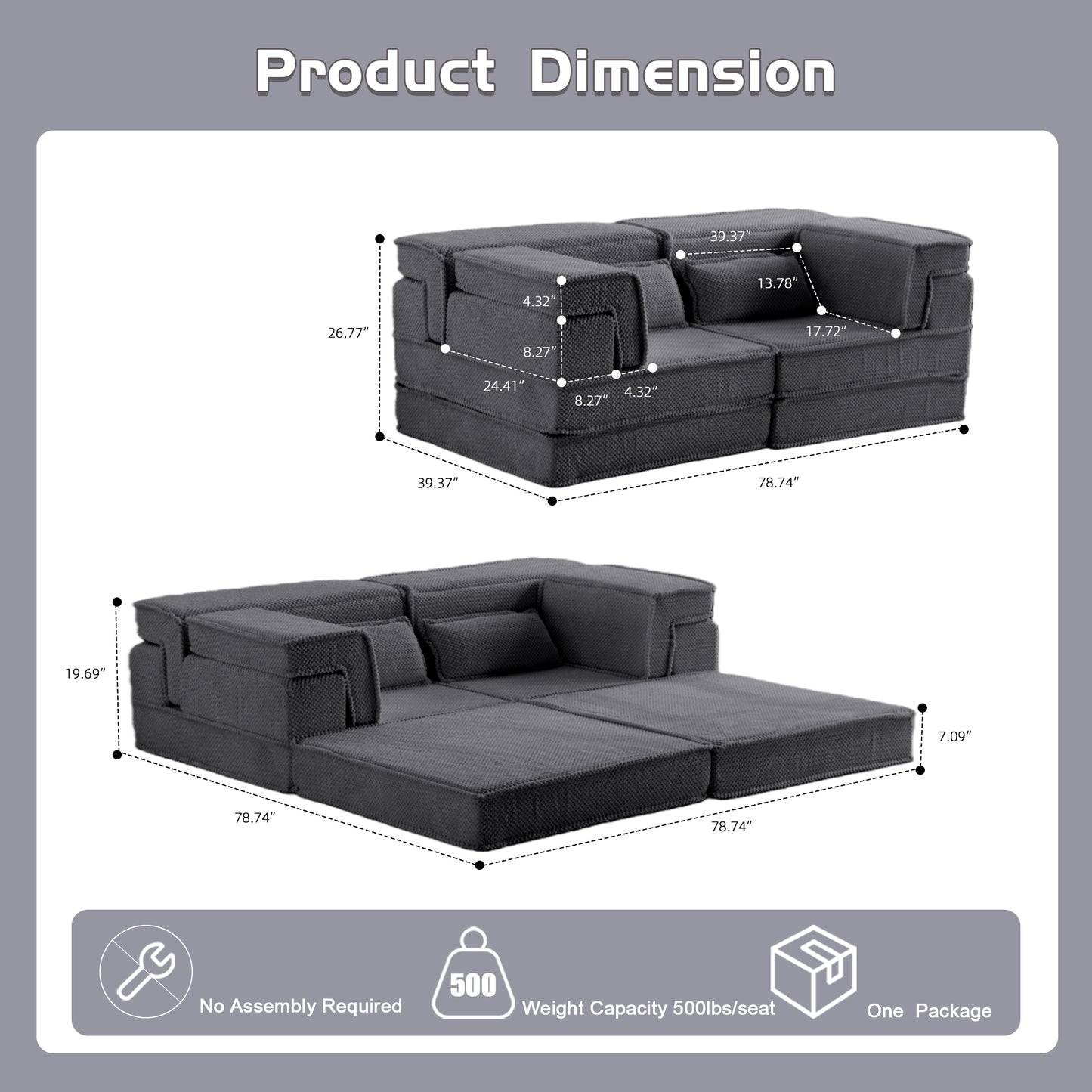 Modern Dark Grey Convertible Floor Sofa Bed with Memory Foam