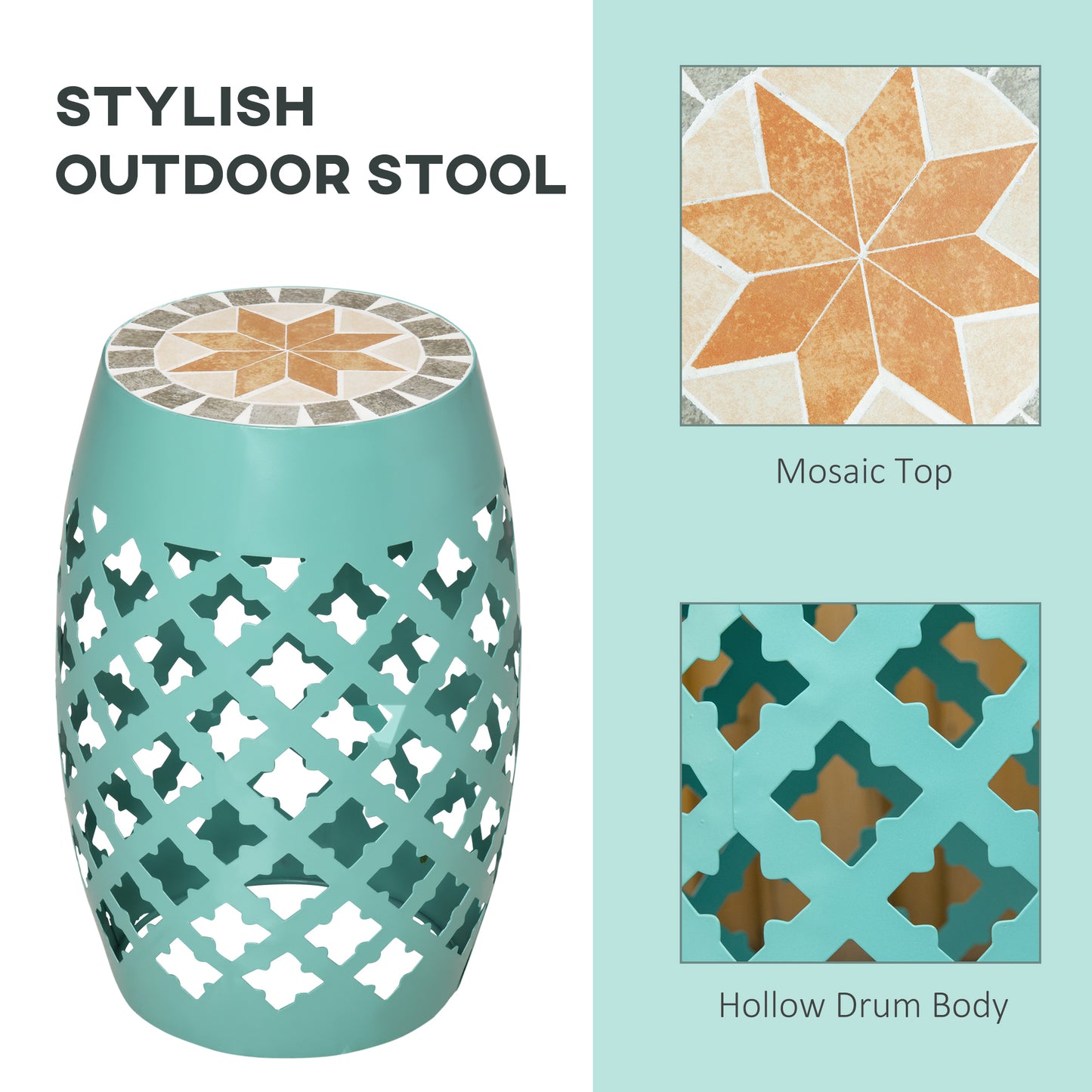 Mosaic Outdoor Stool - 12" Round Patio Side Table - Blue