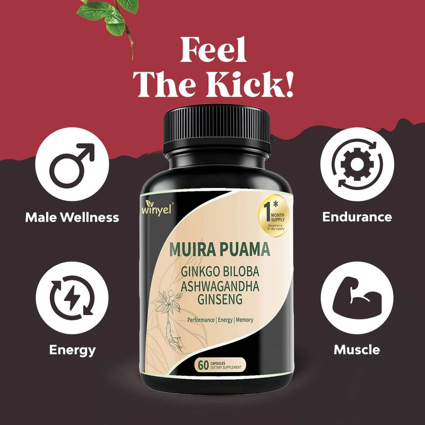 Herbal Supplement Blend - Muira Puama, Ginseng, Ashwagandha - 60 Capsules
