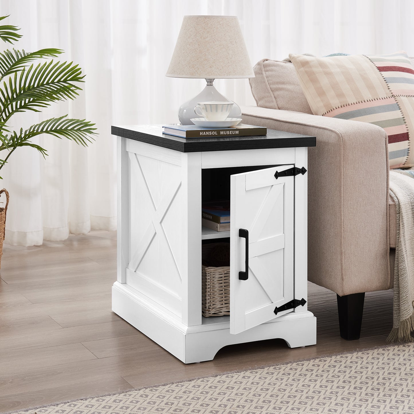 Farmhouse End Table with Barn Door & Adjustable Shelf - White
