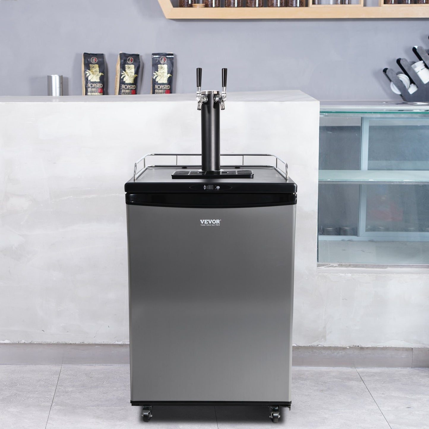 Silver Dual Tap Beer Kegerator Dispenser with Full-Size Keg Fridge, CO2 & Shelves