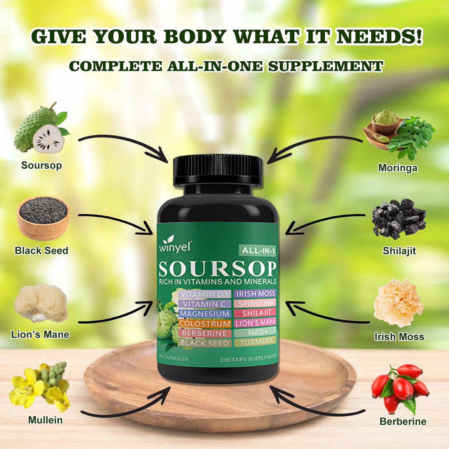 Soursop Herbal Supplement with Lion's Mane & Turmeric - 60 Vegan Capsules