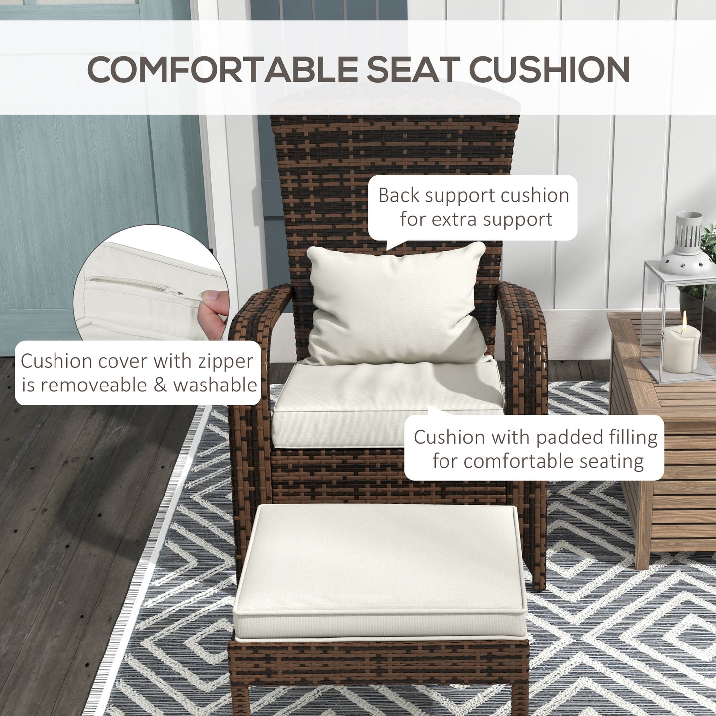 Wicker Adirondack Chair with Ottoman & Cushions - Cream White