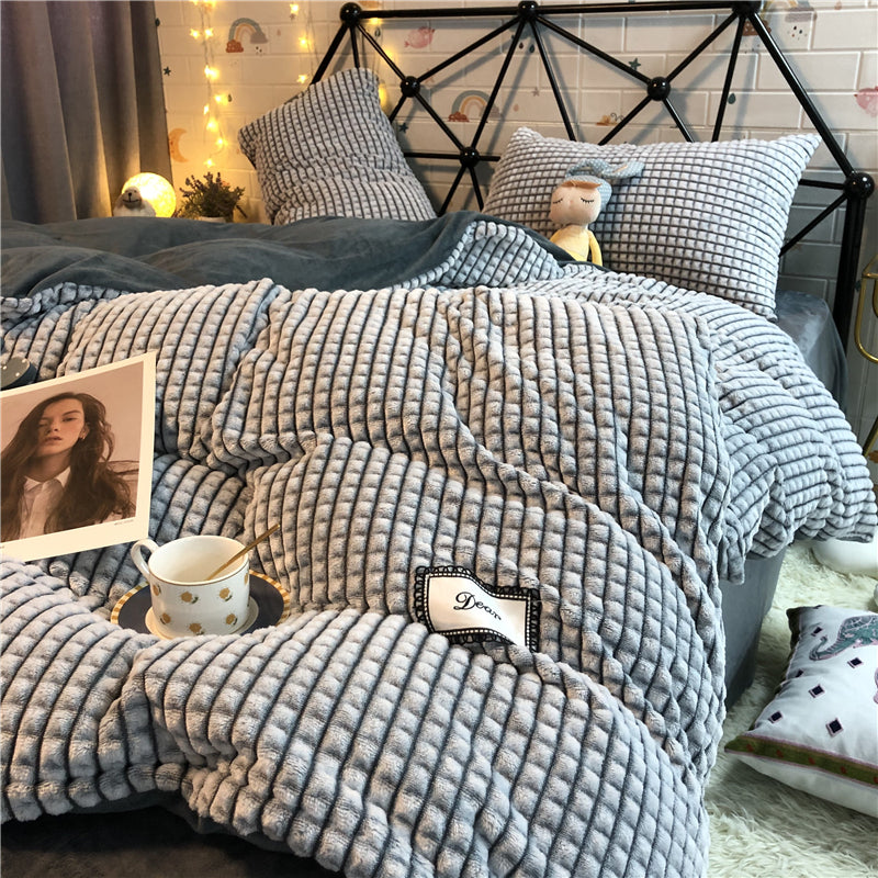 Dark Gray Velvet Bedding Set with Quilt Cover and Pillowcases - Four Piece