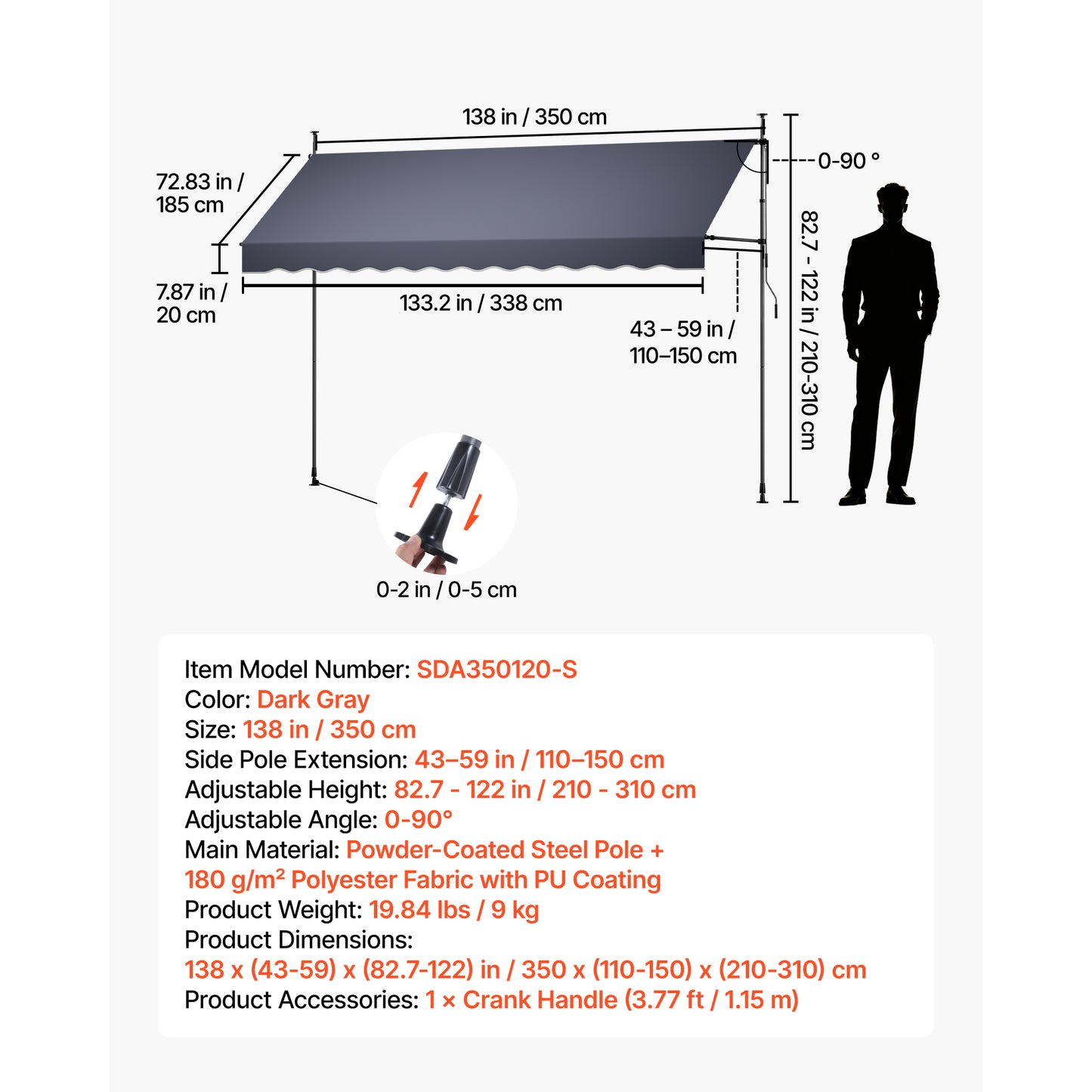 Manual Retractable Patio Awning 138" Sunshade Shelter for Garden Balcony