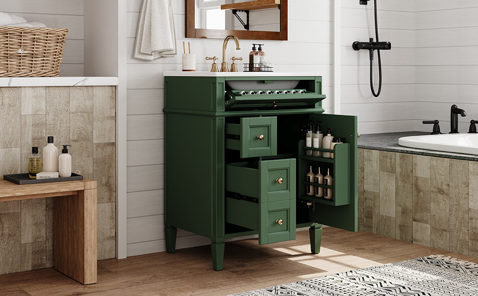 24'' Green Bathroom Vanity with Ceramic Sink & Storage Drawers