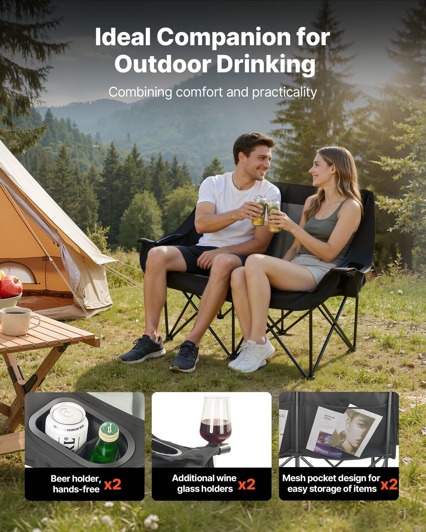 Double Camping Chair with Heavy Duty Support, Cup & Wine Holders, Portable for Outdoor & Beach