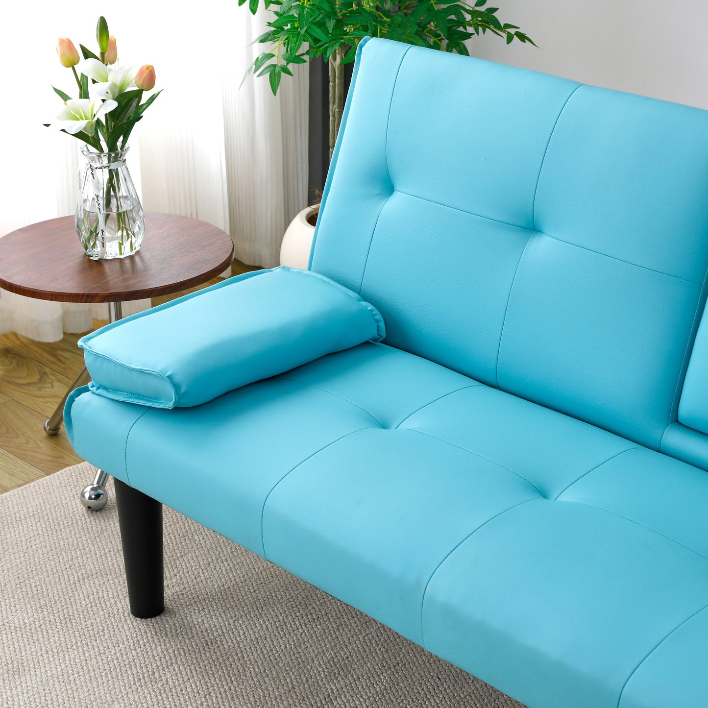 67-Inch Blue PVC Multi-Functional Sofa Bed with Cup Holder