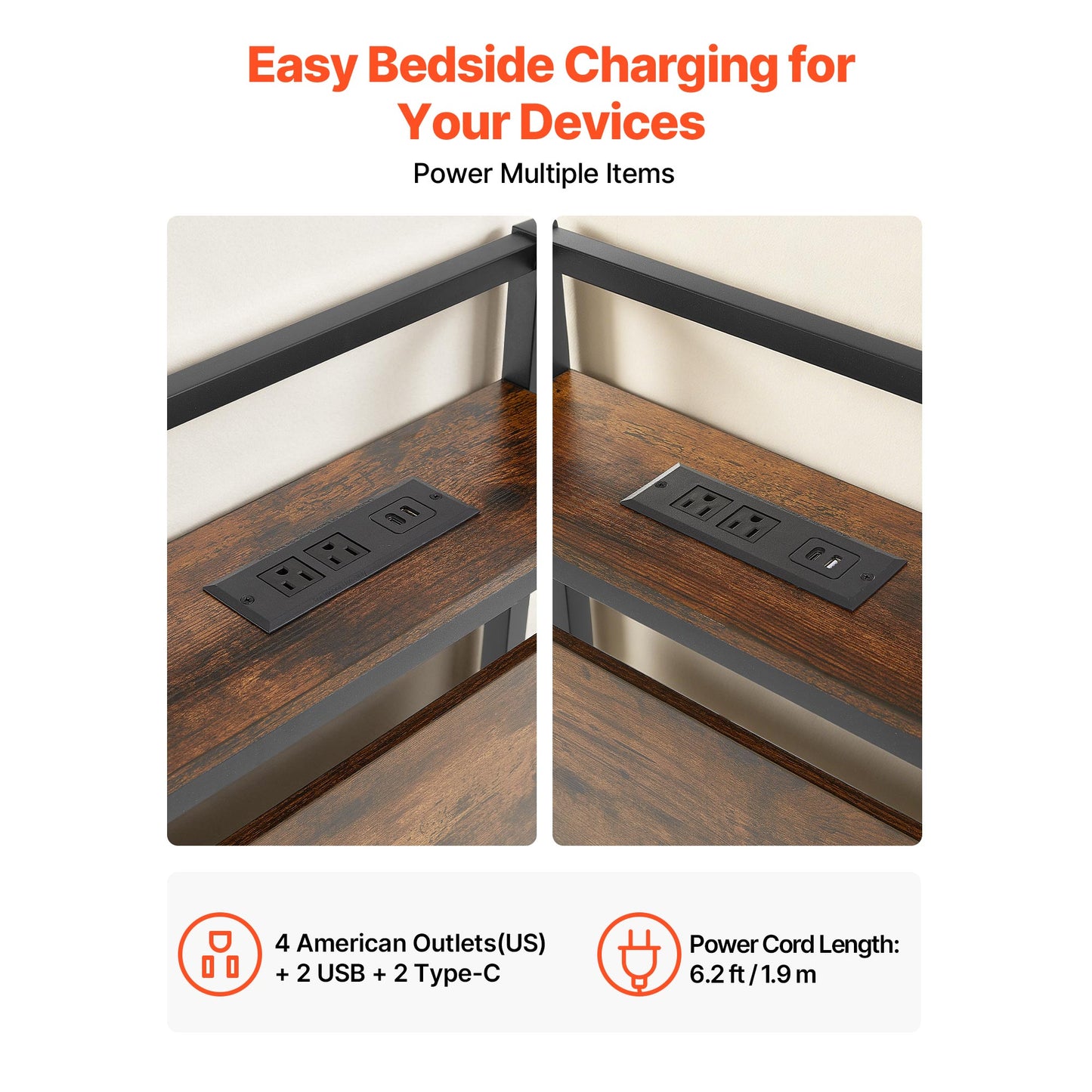 King Size Bed Headboard with Storage Shelf USB & Charging Ports - Adjustable & Sturdy Carbon Steel Frame, Black or Brown
