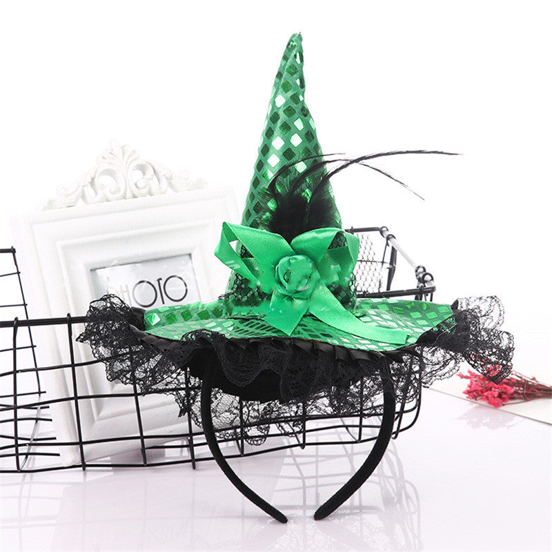 Masquerade Witch Hat Headband with Sequins & Lace