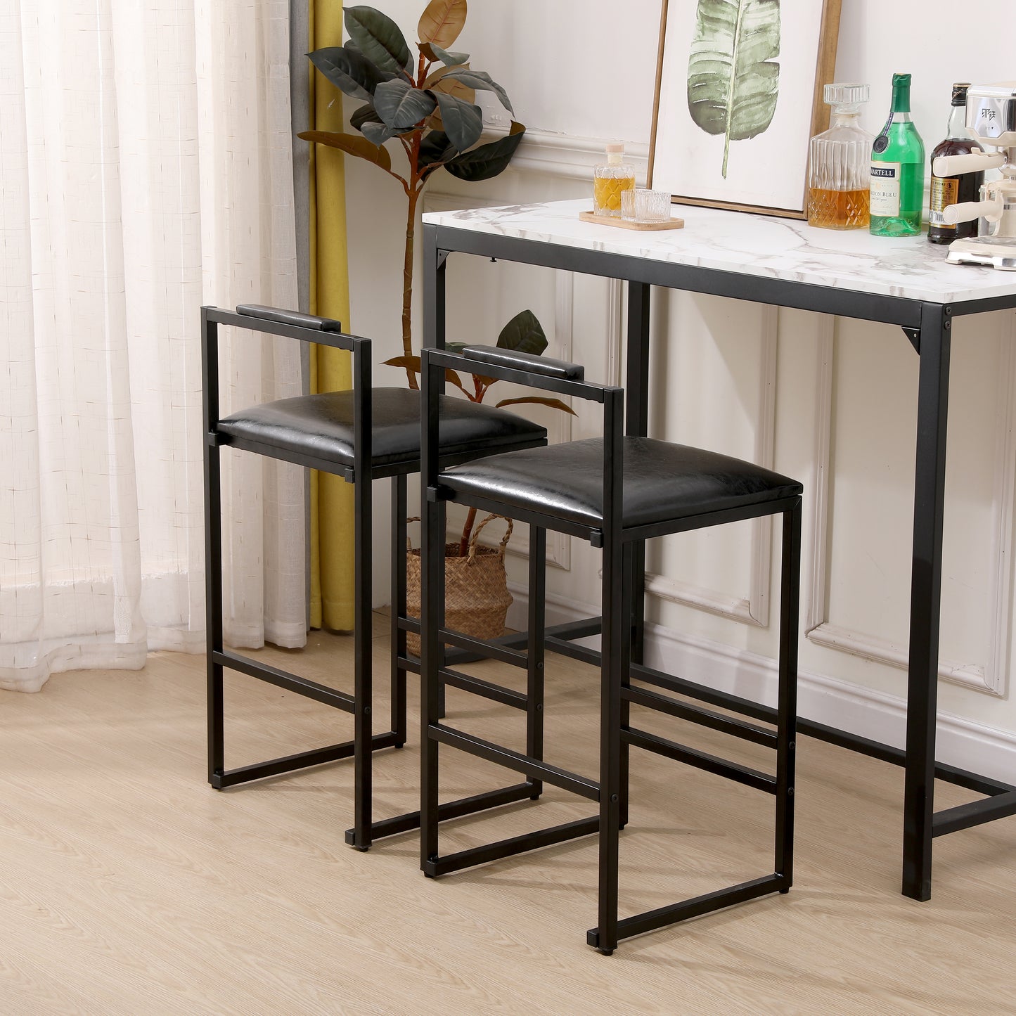 Black Bar Stools with Backrest - Set of 2 Counter Height Chairs