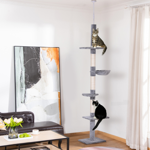 Adjustable Floor-to-Ceiling Cat Tree with Scratching Posts - Gray & White