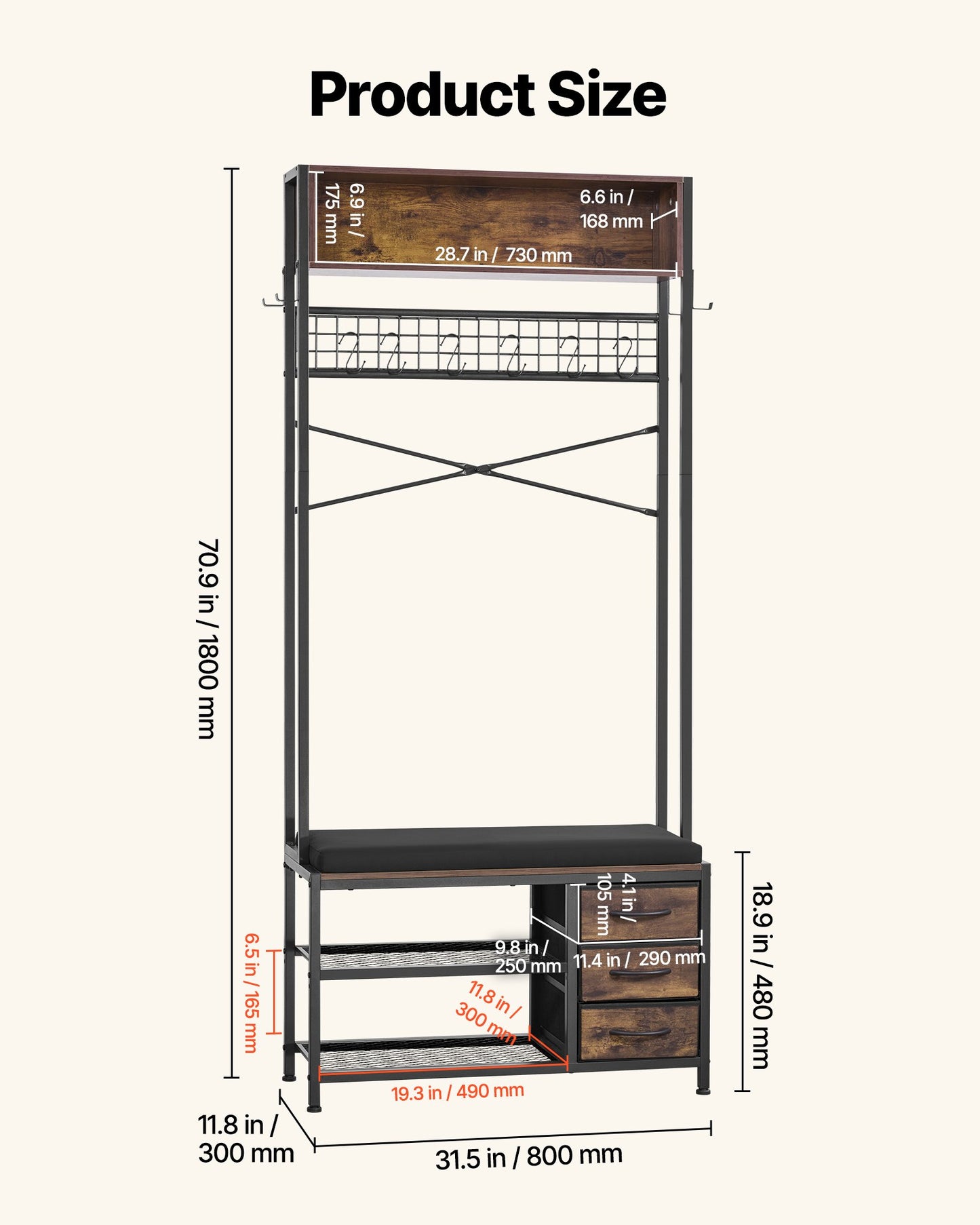 Multi-Functional Entryway Coat Rack with Shoe Bench and 3 Drawers - Black