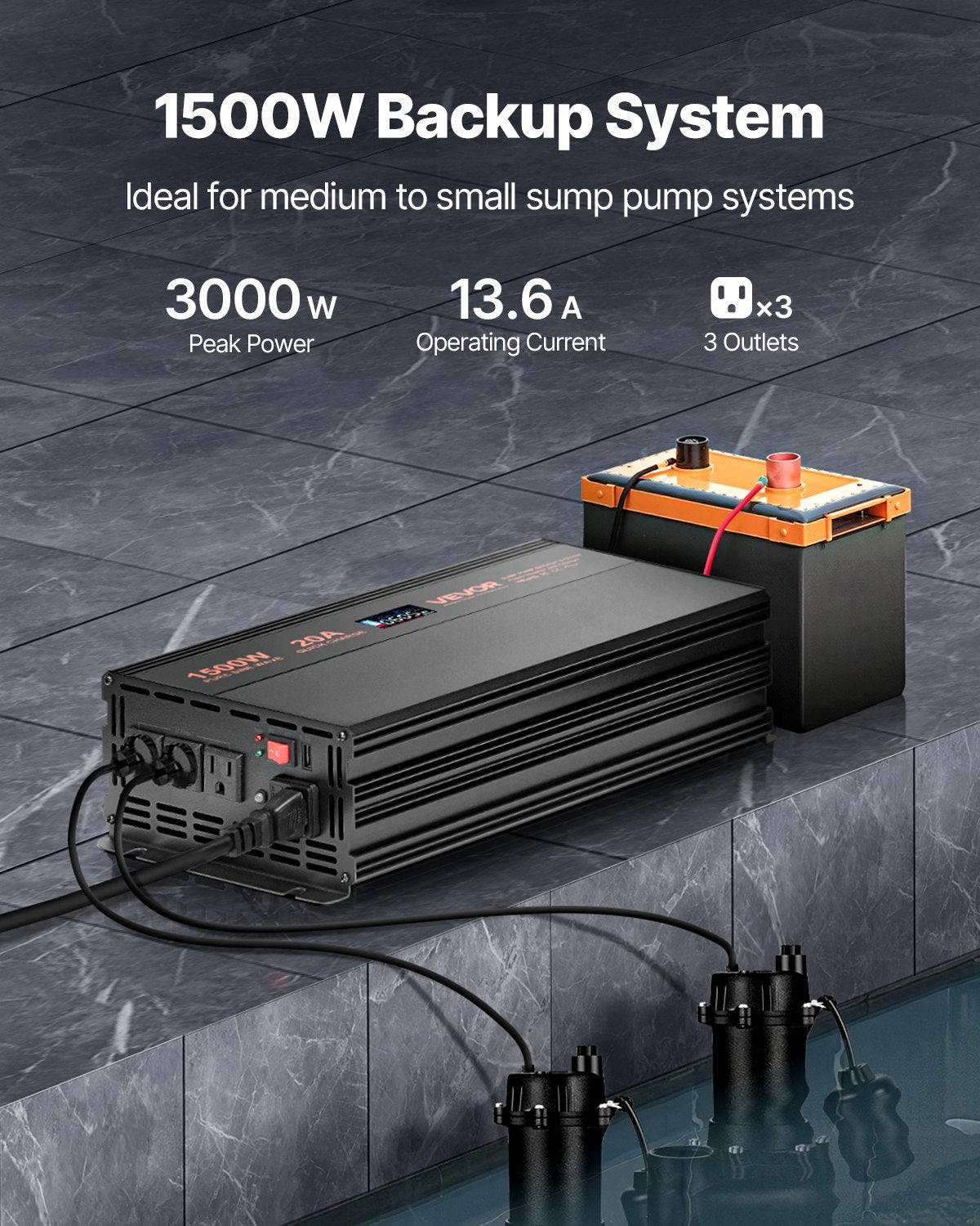 Battery Backup Sump Pump System 1500W LCD Auto Switch Inverter - Black