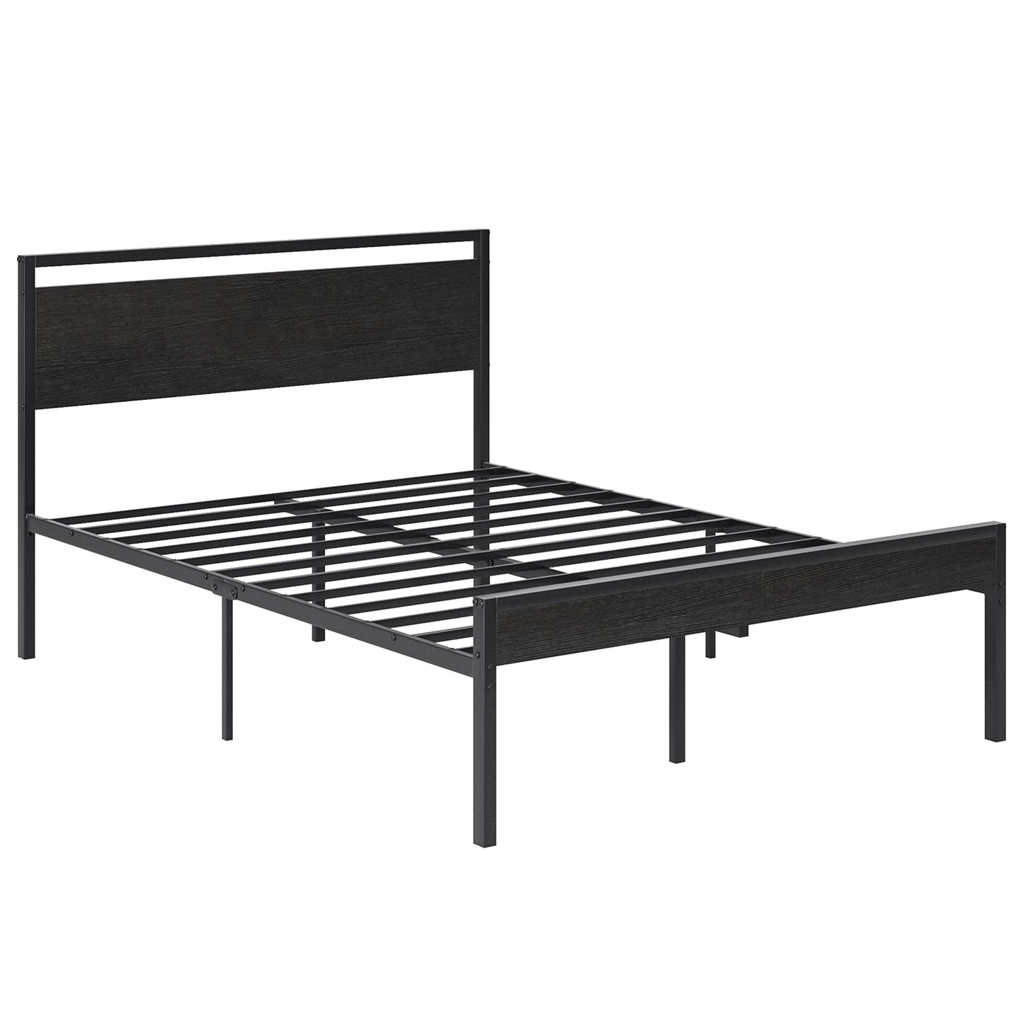 Heavy-Duty Metal Platform Bed with Wooden Headboard and Storage