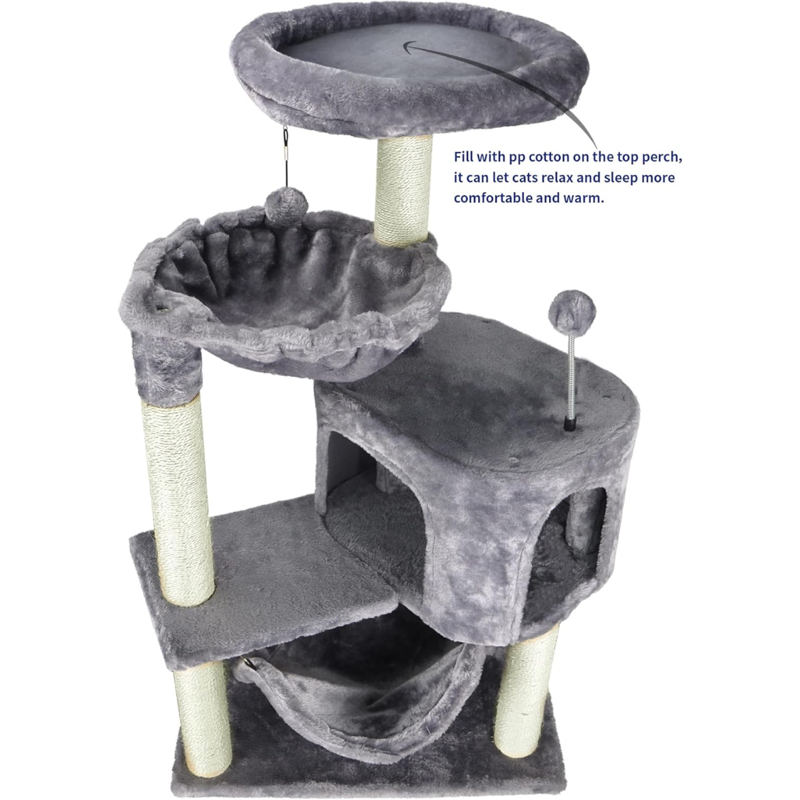 Cat Tree with Condo and Large Hammock - Grey, Multi-Level Play Tower