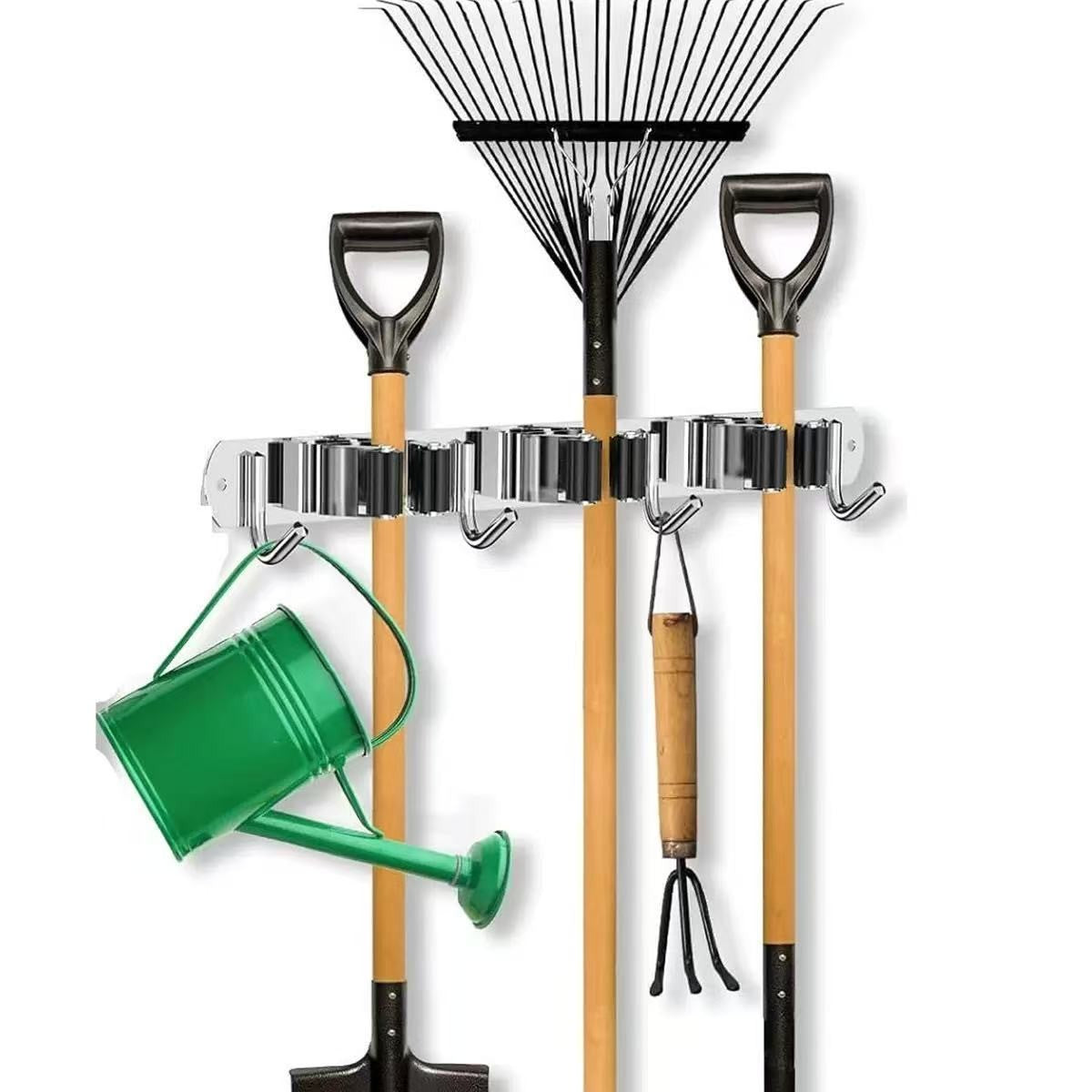 Wall Mounted Broom Mop Holder Organizer Rack with Hooks, Stainless Steel Storage Solution