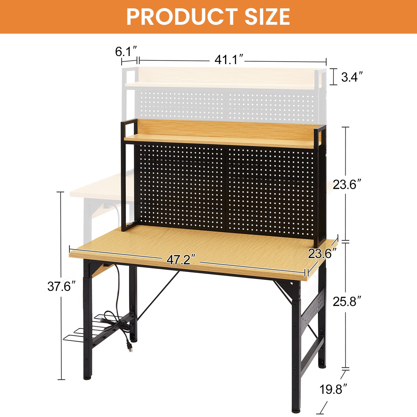 48" Adjustable Workbench with Pegboard & Power Outlets - Yellow/Black
