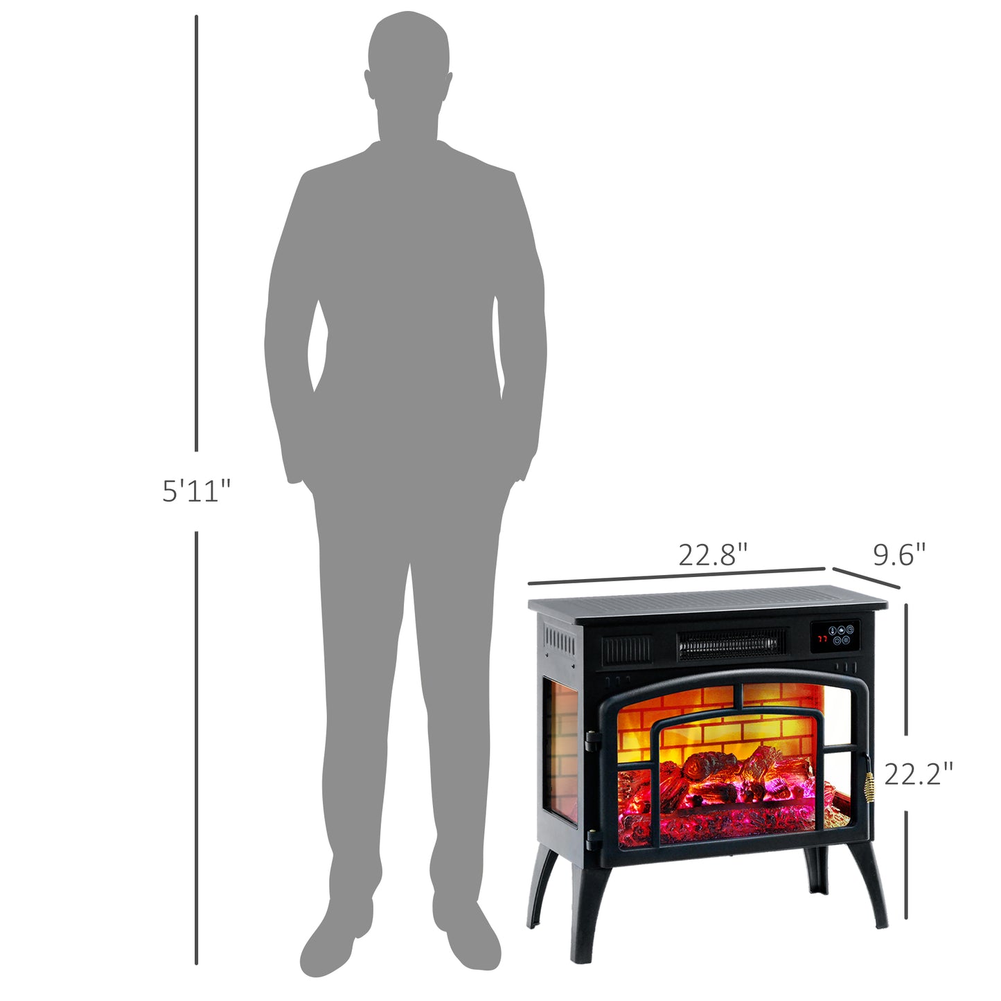 Electric Fireplace Stove with 3-Sided Glass and Remote Control - Black, 655x315x515 mm
