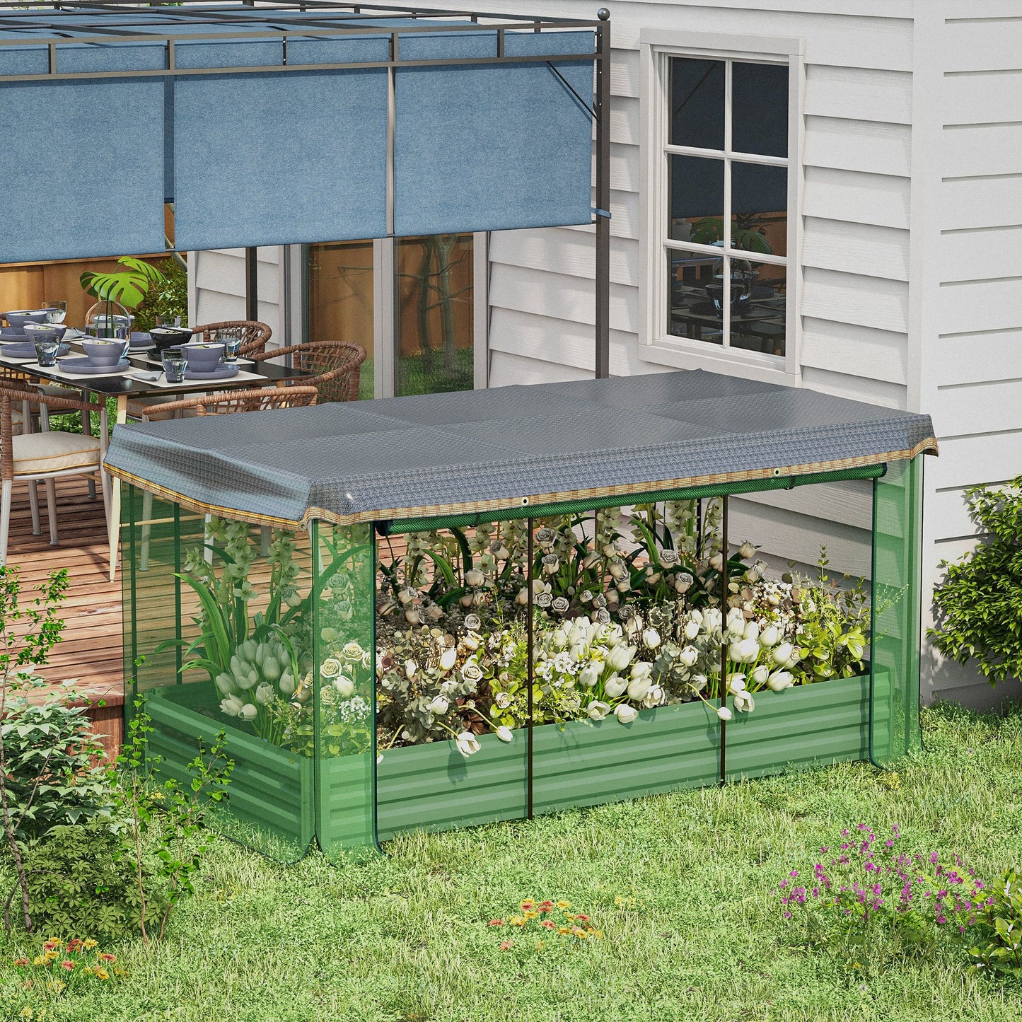 Galvanized Steel Raised Garden Bed with Crop Cage and Shade Cloth - Outdoor Planting Box, Green