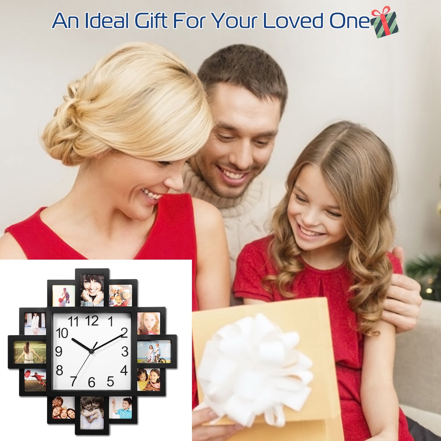 Photo Frame Wall Clock - 12 Picture Collage, Black