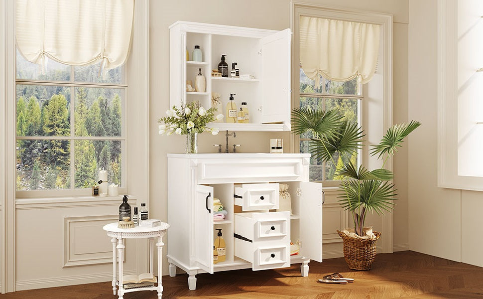 36'' Modern Bathroom Vanity with Sink & Mirror Cabinet - White