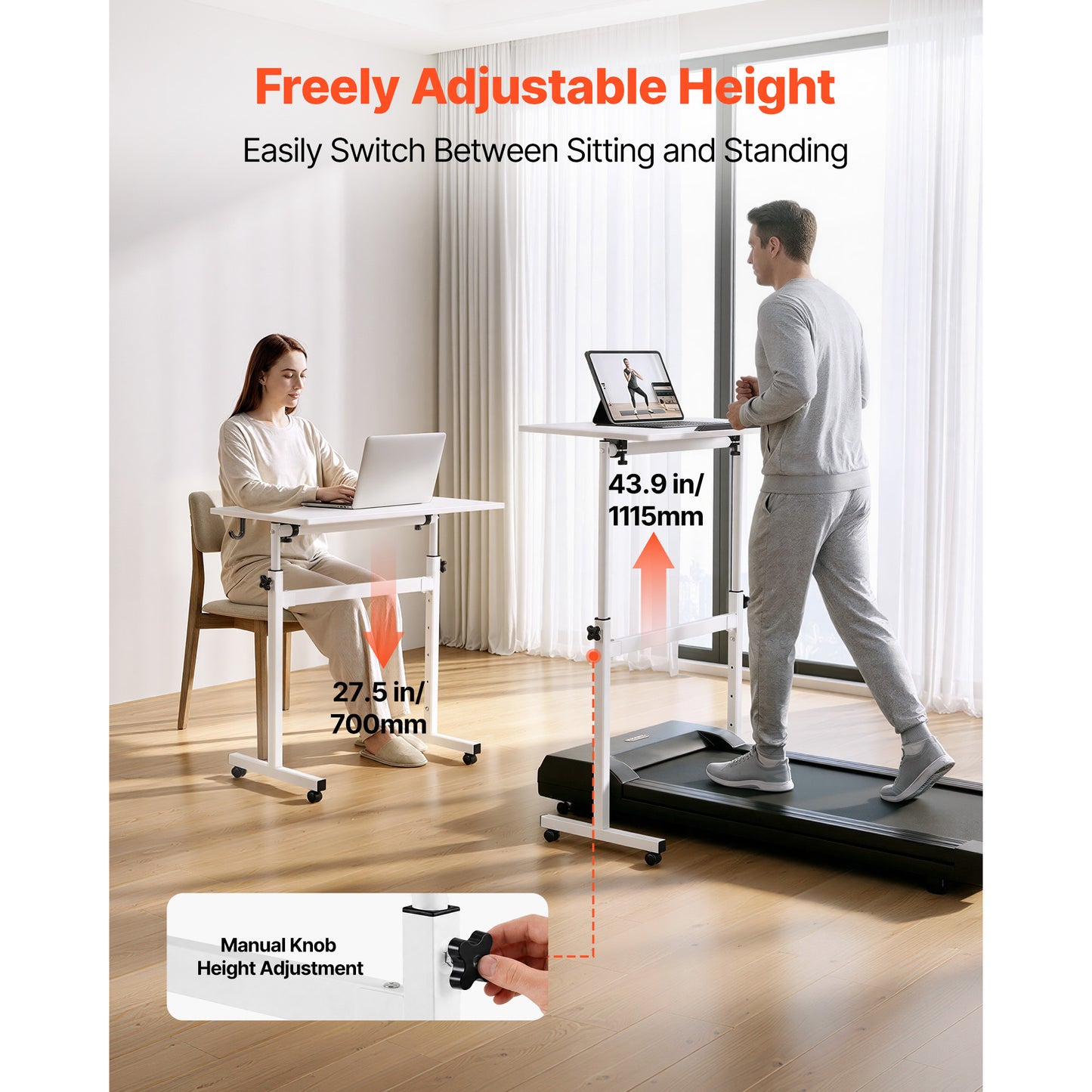 Adjustable Standing Desk with 360° Tilting Desktop, Mobile Sit-Stand Workstation 32x16 In with Lockable Casters