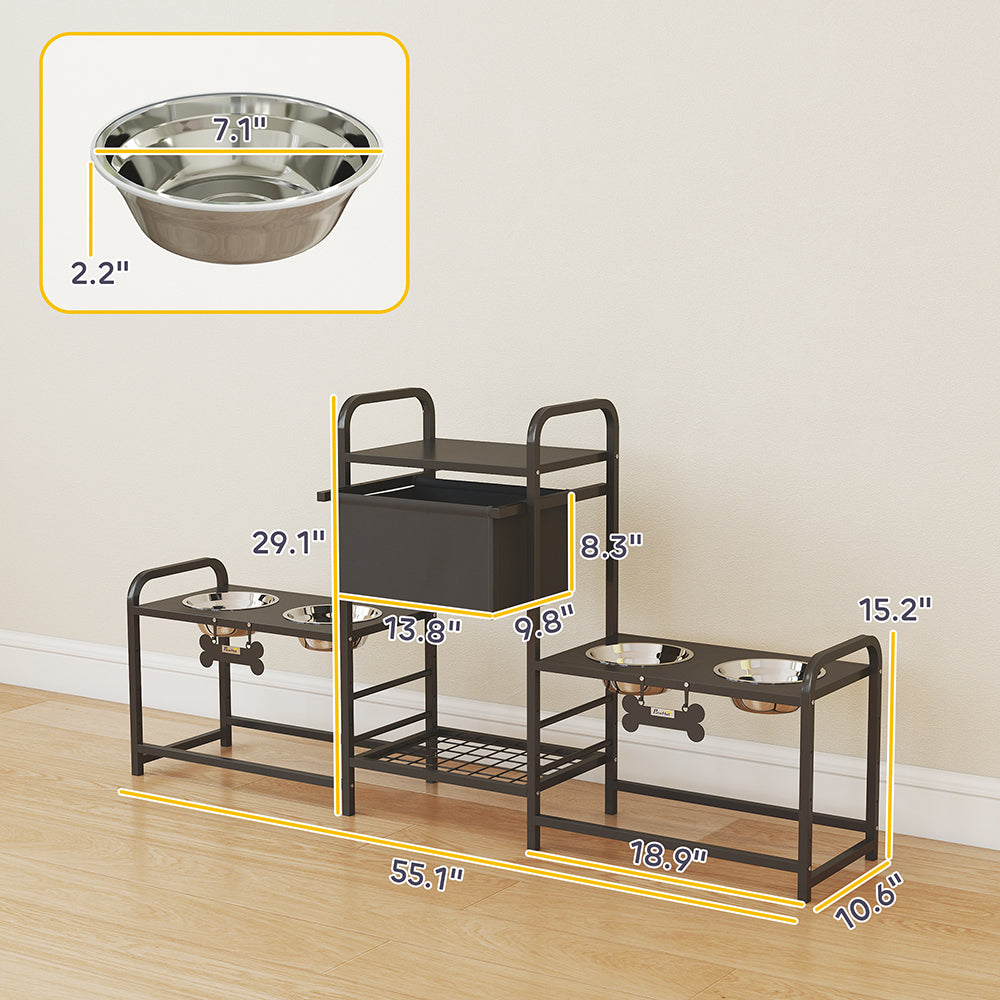 Height Adjustable Dog Bowl Stand with 4 Stainless Steel Bowls and Toy Storage
