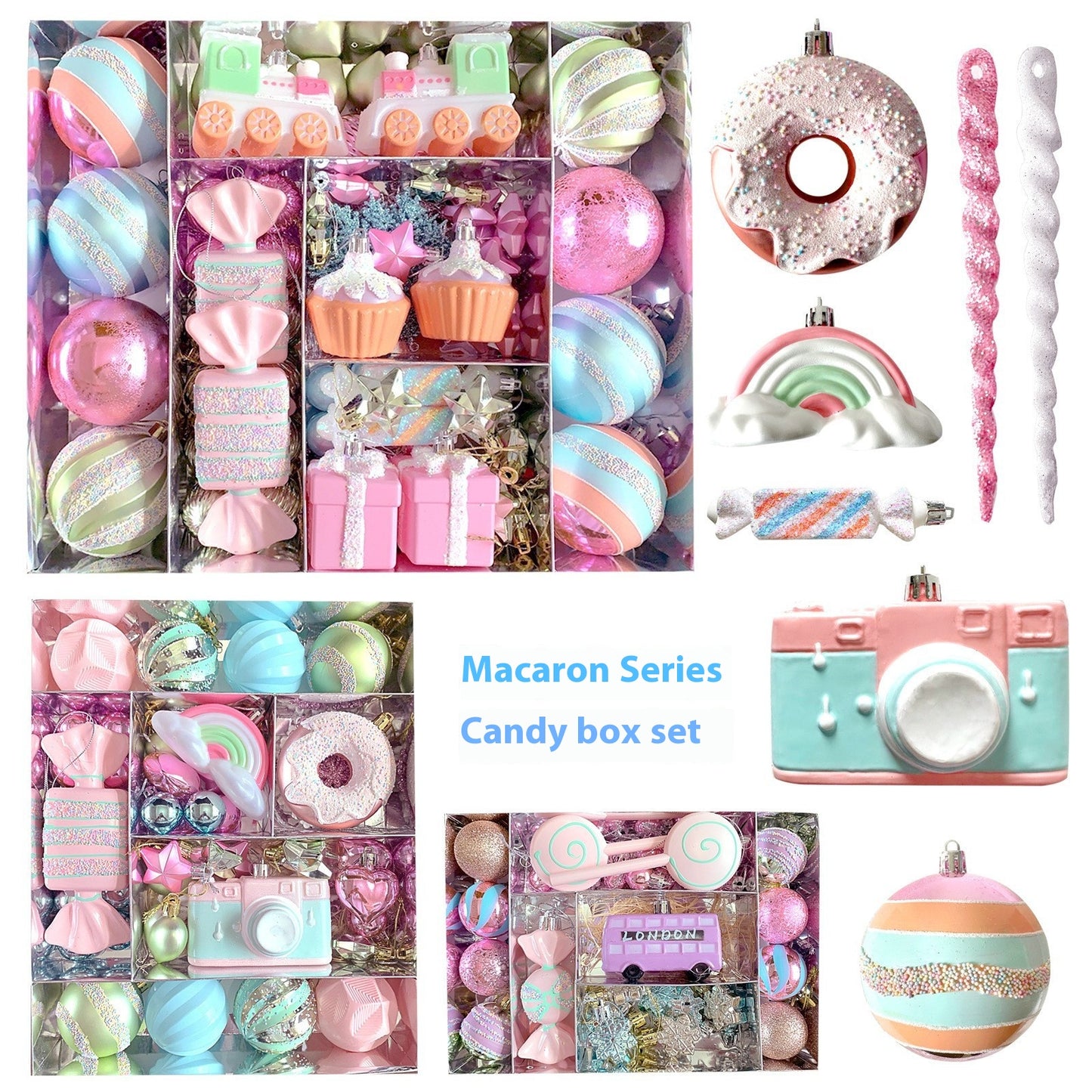 Christmas Candy Tree Decorations Set - Plastic Macaron Pendant Balls, Multiple Sizes & Variants