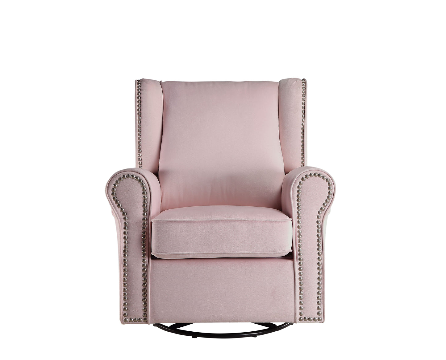 Pink Fabric Glider Chair with Swivel and Nail-Head Trim