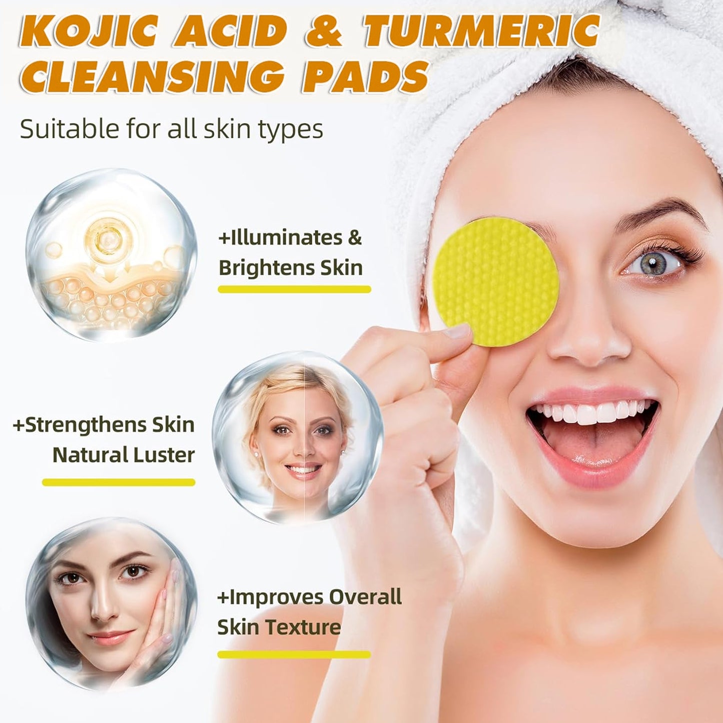 Turmeric & Kojic Acid Cleansing Pads - Brightening Facial Exfoliator, 40ct