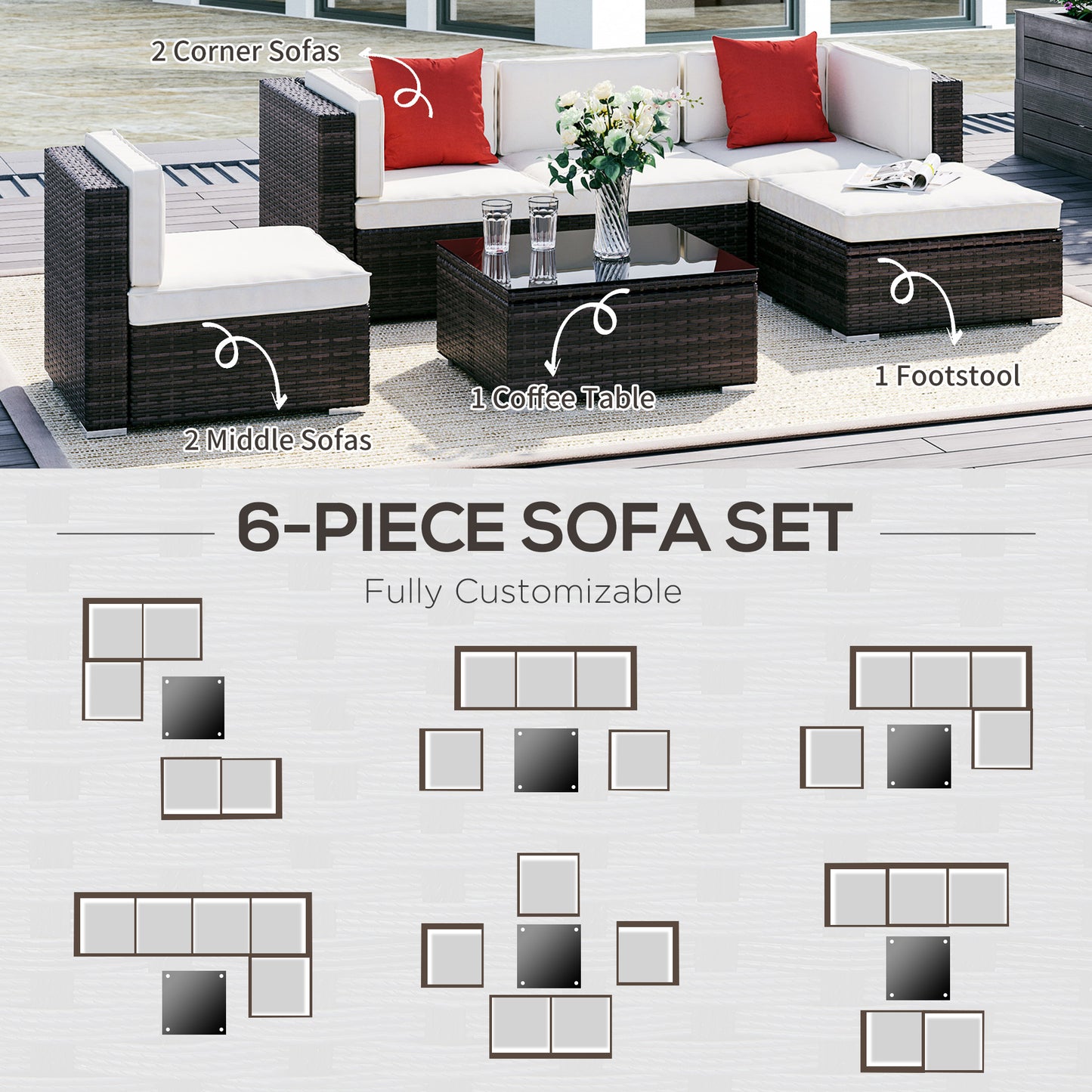 6-Piece Outdoor Wicker Sectional Sofa Set with Ottoman & Table