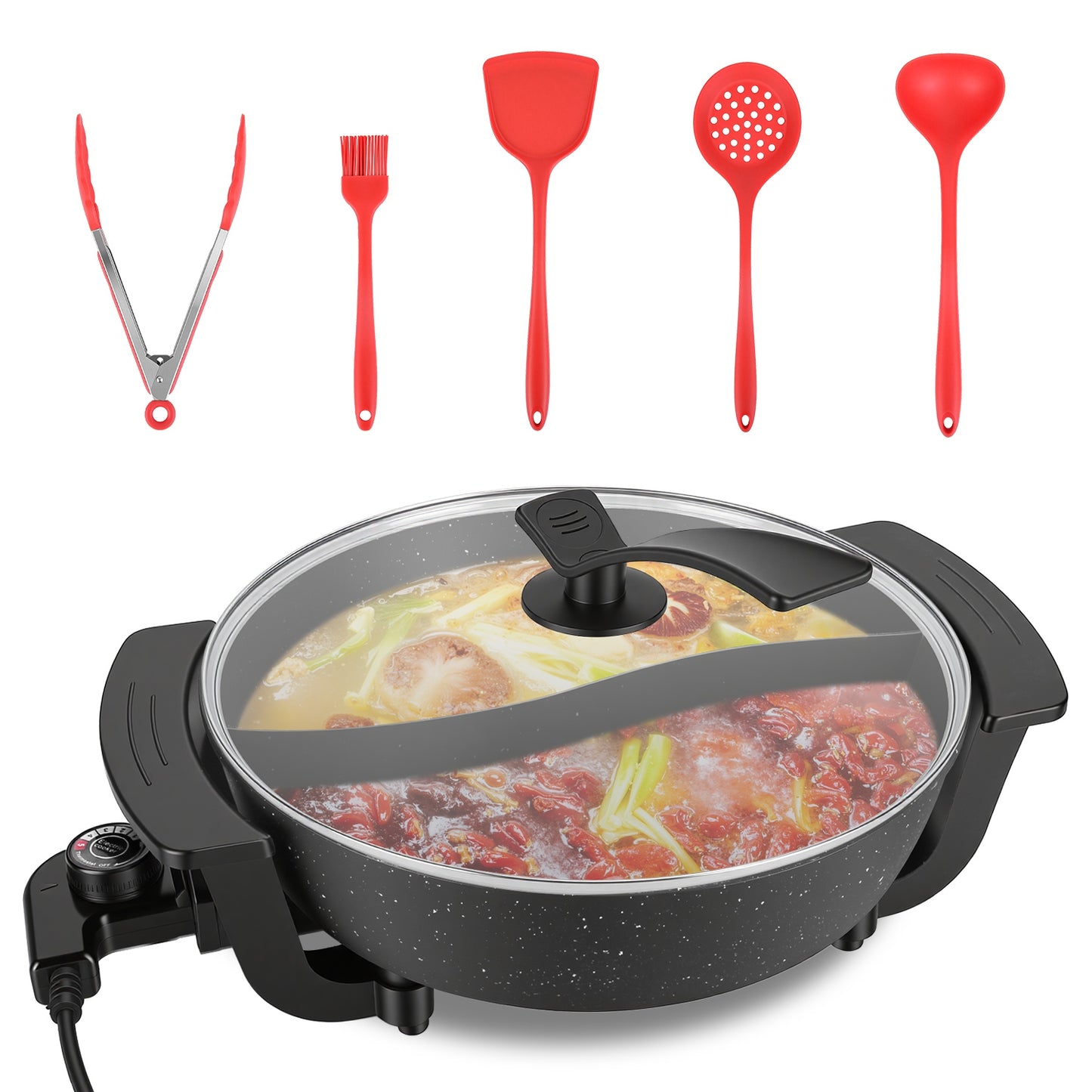 6L Electric Hot Pot with Divider, 1100W, 5-Temp Control, Non-Stick, Black