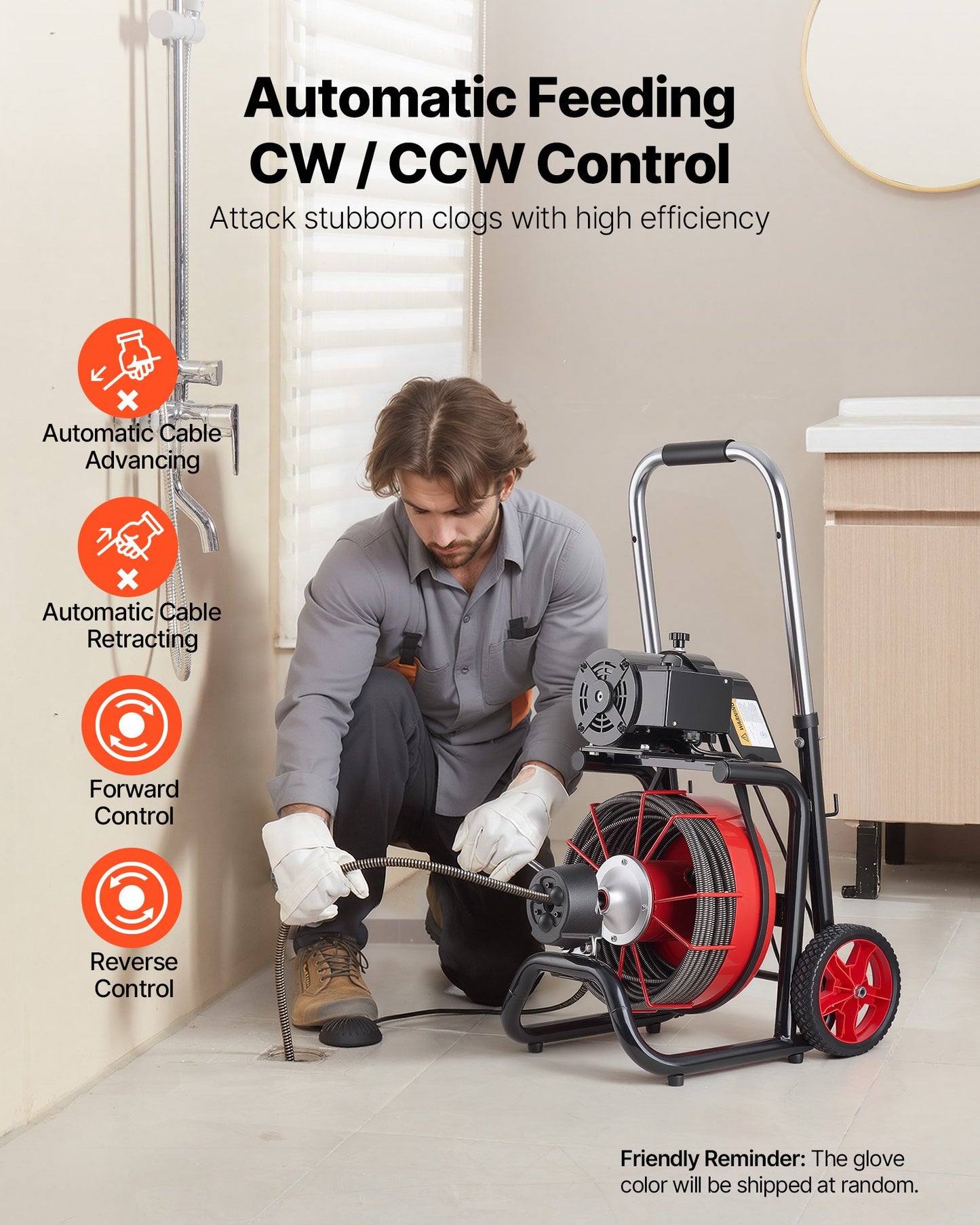 Drain Cleaner Machine 100FT Sewer Snake Auger with 8 Cutters & Foot Switch