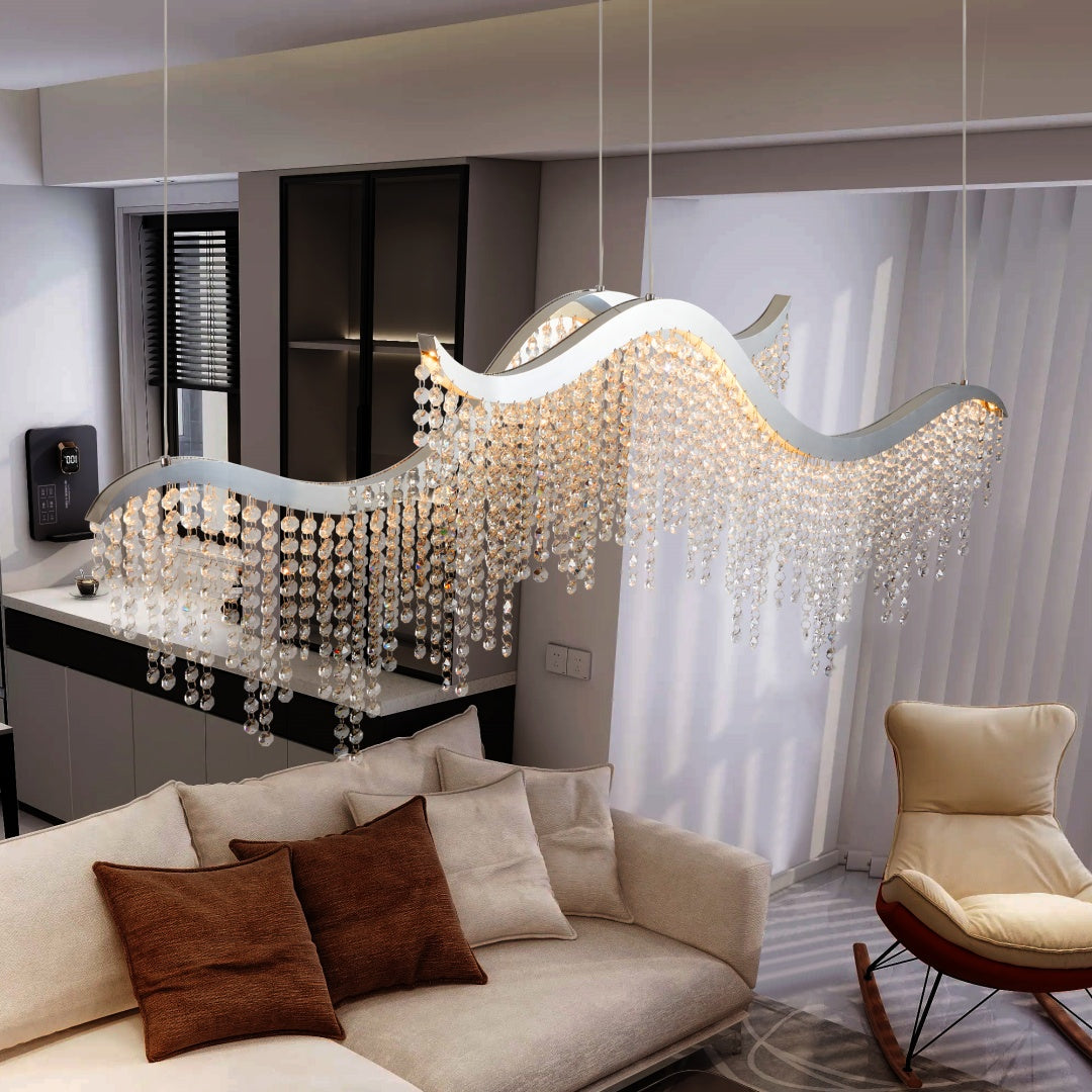 36-Inch Modern Wave LED Crystal Chandelier - Dimmable & Adjustable Height