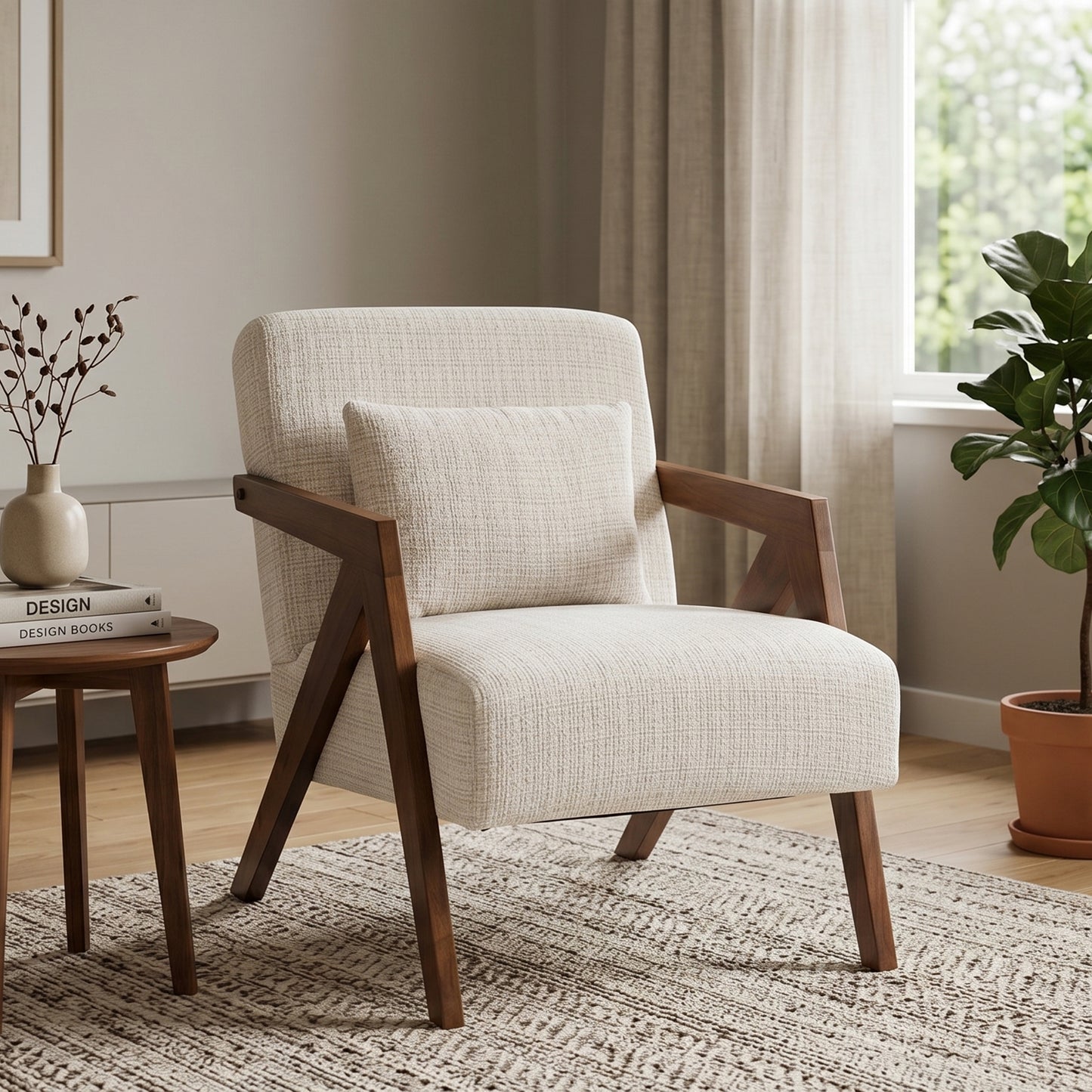 Mid-Century Modern Accent Chair - Solid Wood & Upholstered Chenille - Beige
