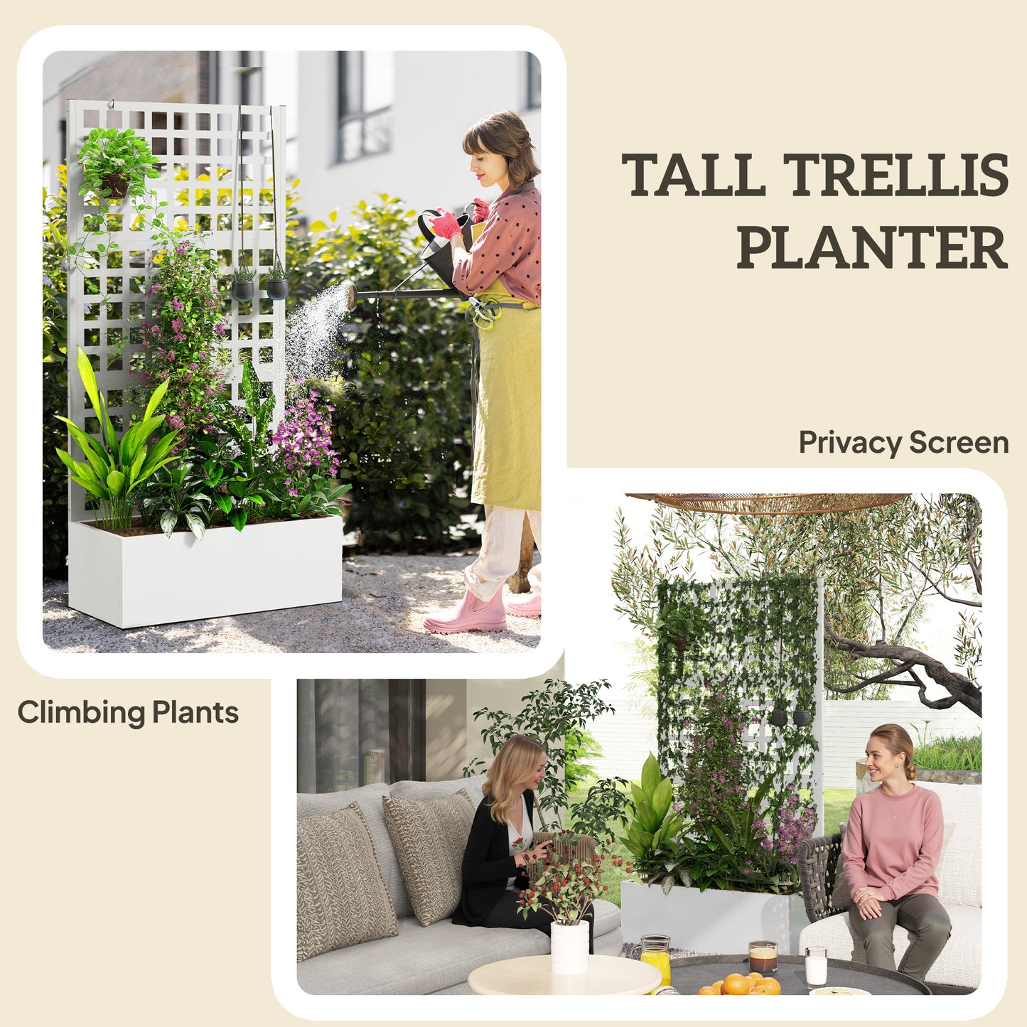 Galvanized Steel Raised Garden Bed with Trellis for Climbing Plants 35x16x70 White