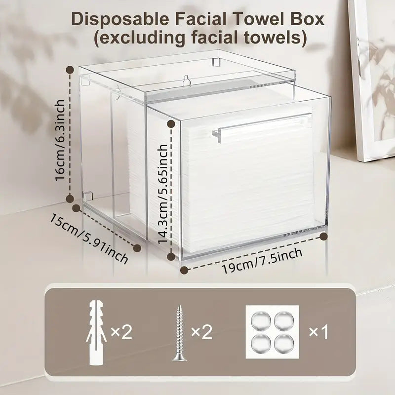 Wall-Mounted Acrylic Facial Towel Storage Box with Drawer - Dispenser Organizer for Disposable Towels