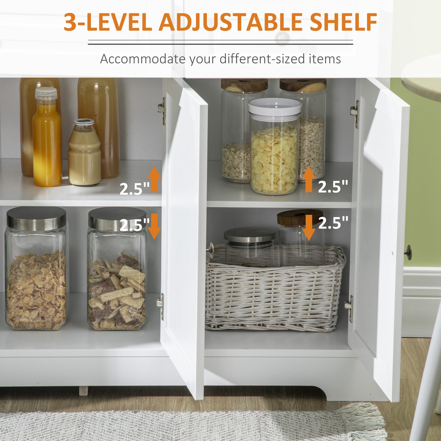 Modern White Sideboard Buffet Cabinet with 2 Drawers & Adjustable Shelves