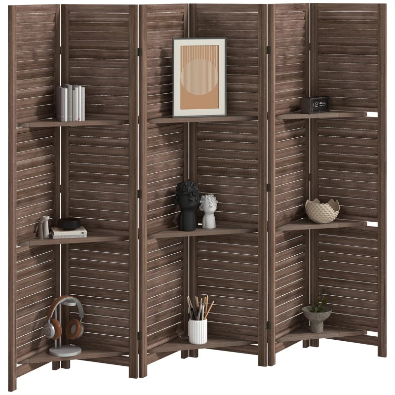 Wood Privacy Screen Room Divider with 3 Shelves - Walnut