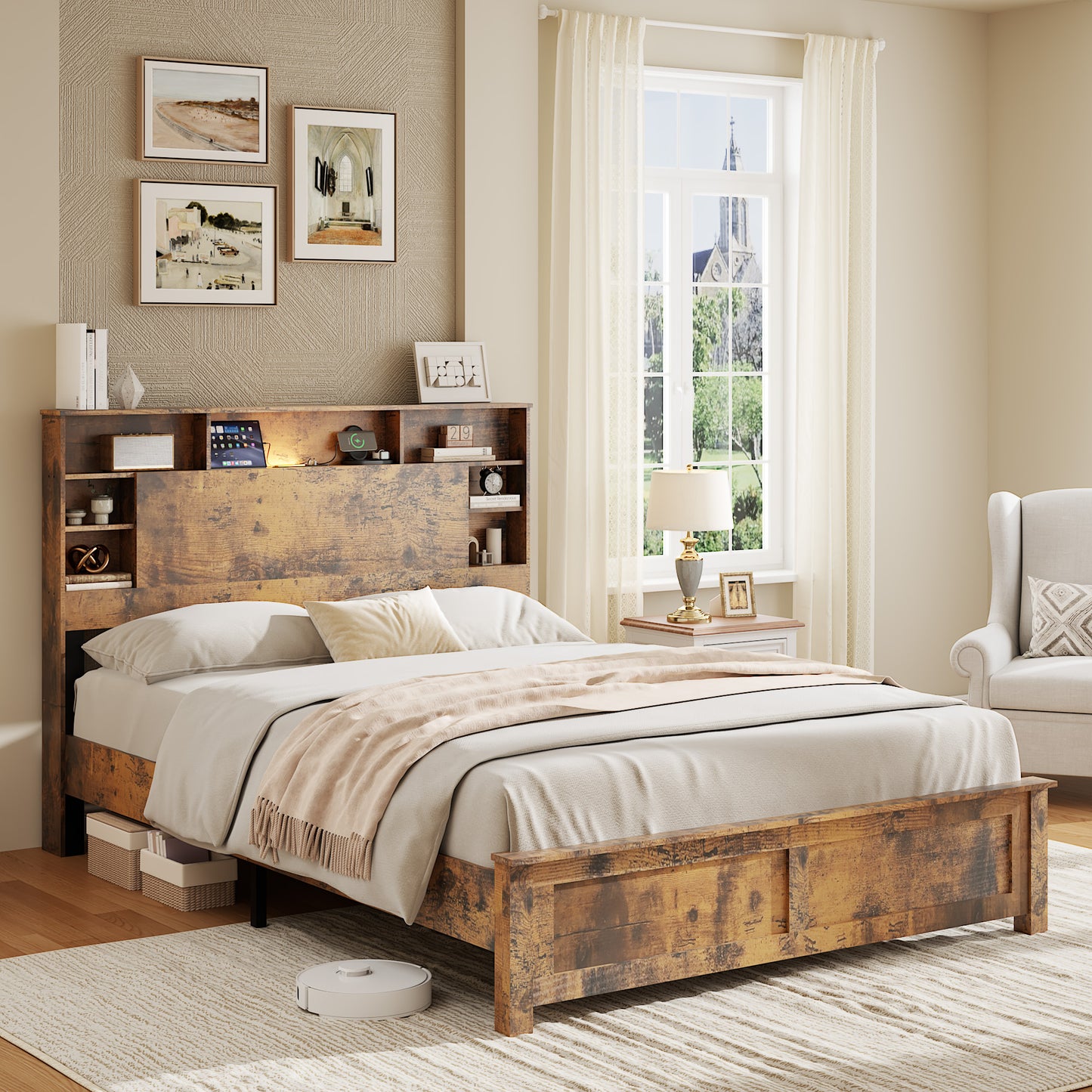 Full Wooden Platform Bed Frame with Bookcase Headboard & LED