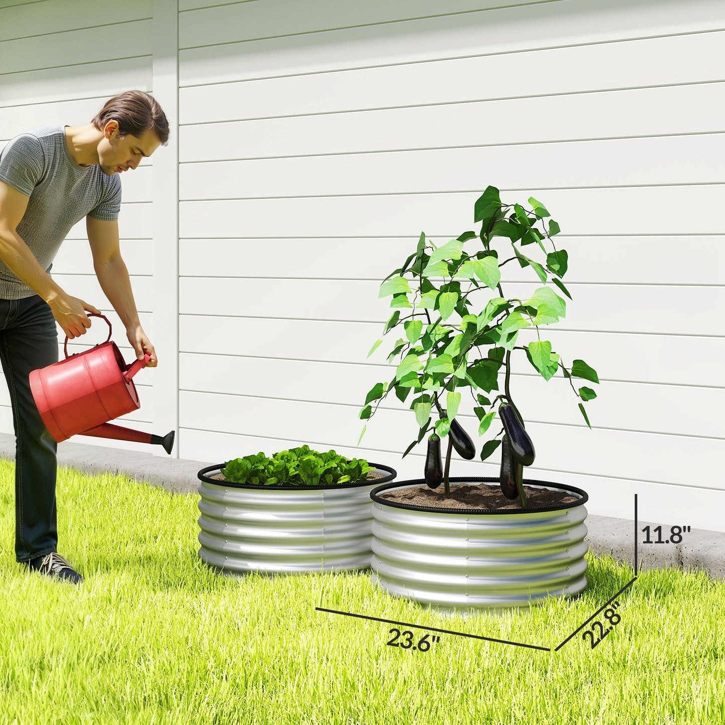 Set of 2 Metal Raised Garden Beds with Edging, Silver 3x3x1.4 ft