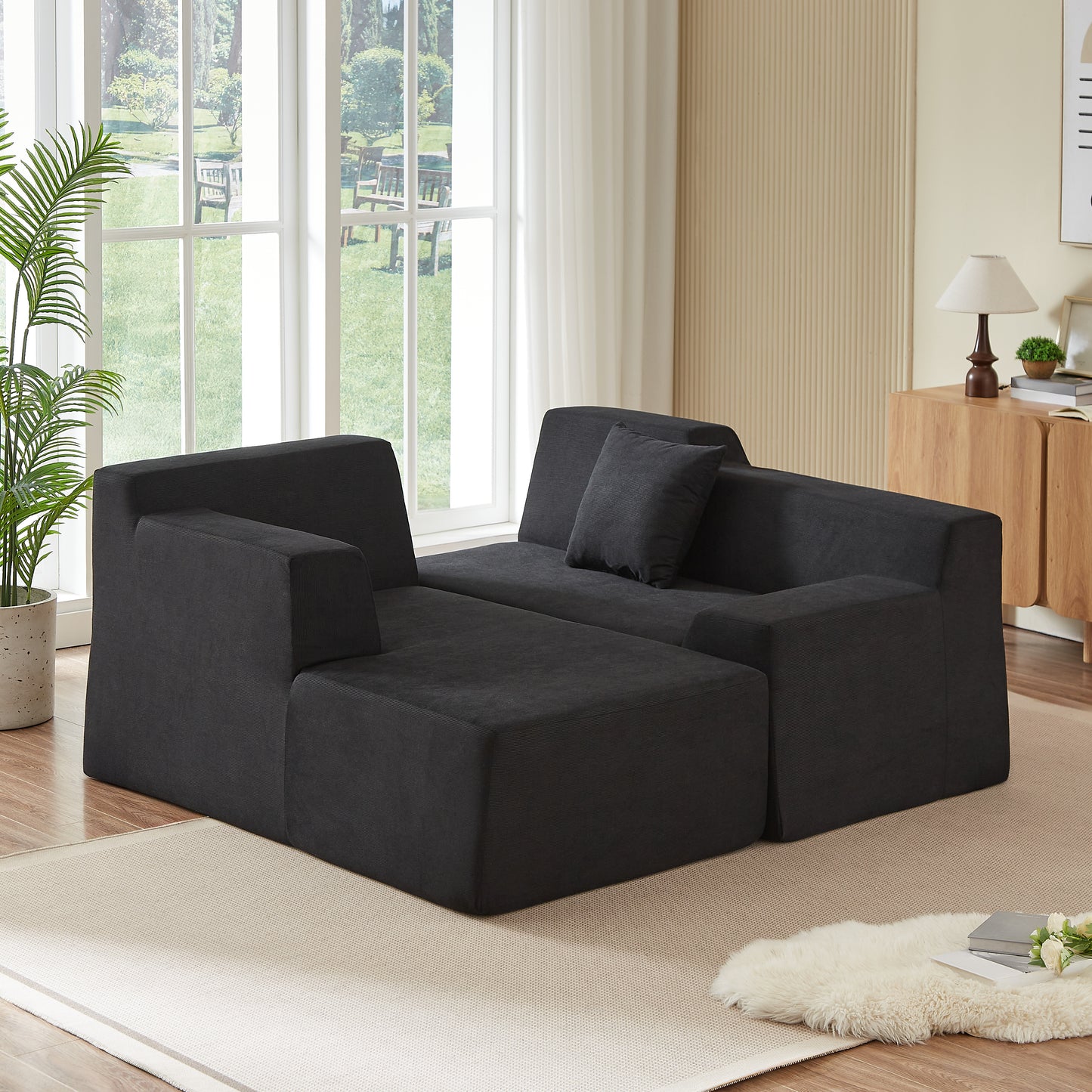 L-Shaped Corduroy High Back Sofa - Modern Minimalist Design, Black