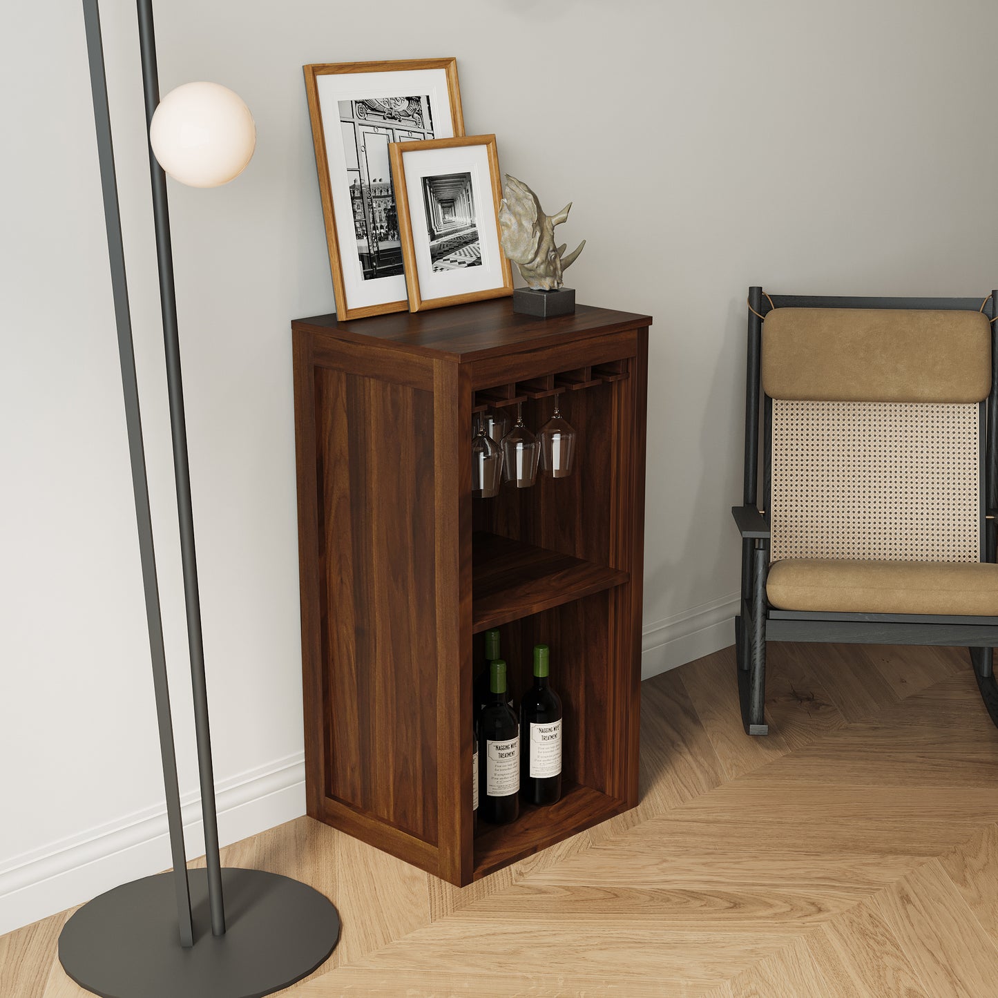 Modular Wine Bar Cabinet with Hutch - Walnut Brown