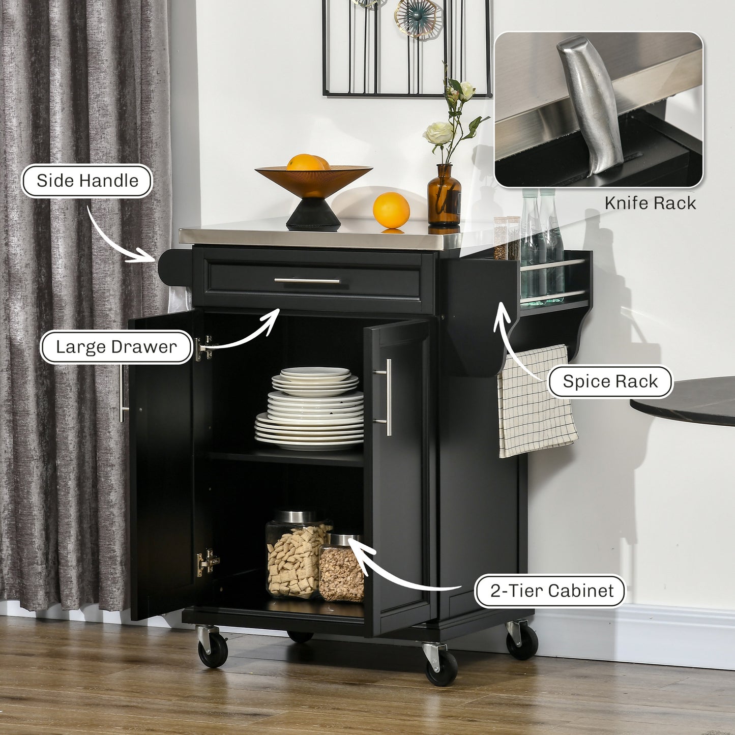 Rolling Kitchen Island Cart with Stainless Steel Top & Storage - Black