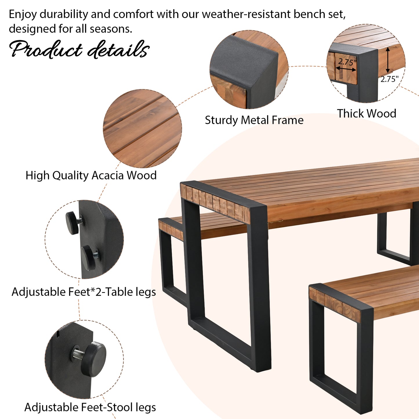 GO 3-pieces Outdoor Dining Table With 2 Benches, Patio Set Unique Top